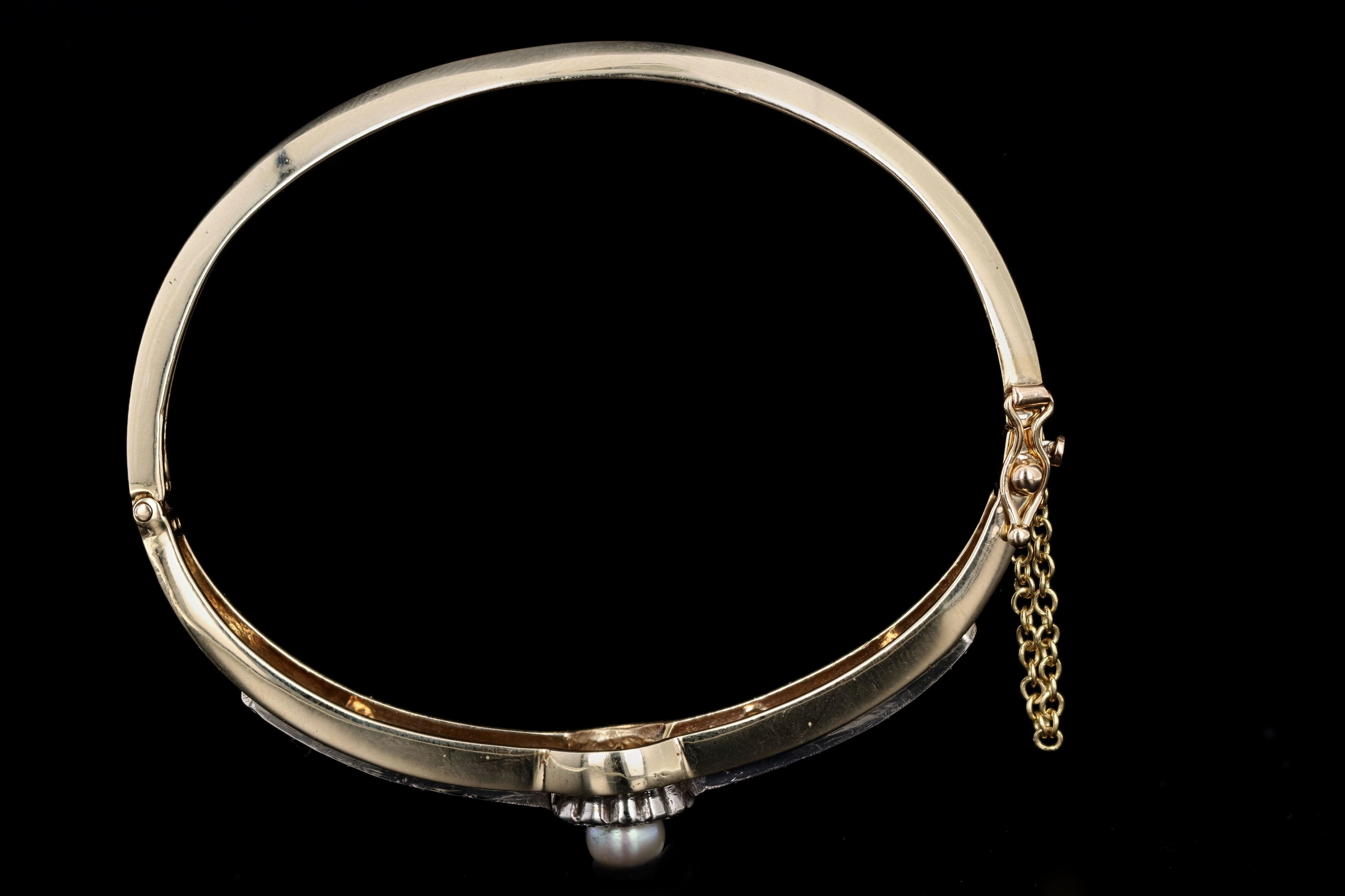 Victorian 14K Yellow Gold Enamel Pearl & Diamond Bangle - Queen May