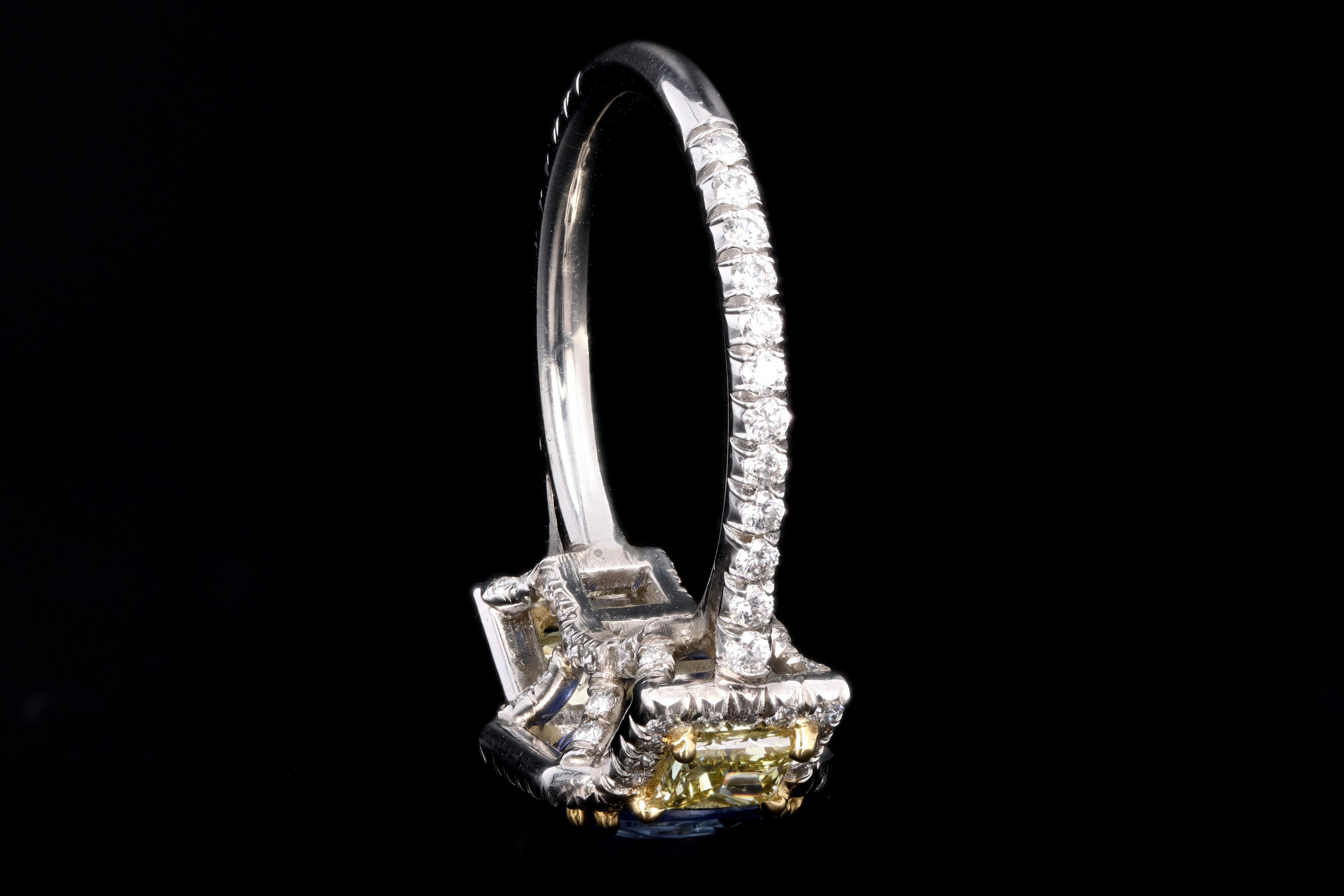 Modern Platinum 2.05 Carat Cushion Cut Sapphire & Fancy Yellow Diamond Ring - Queen May