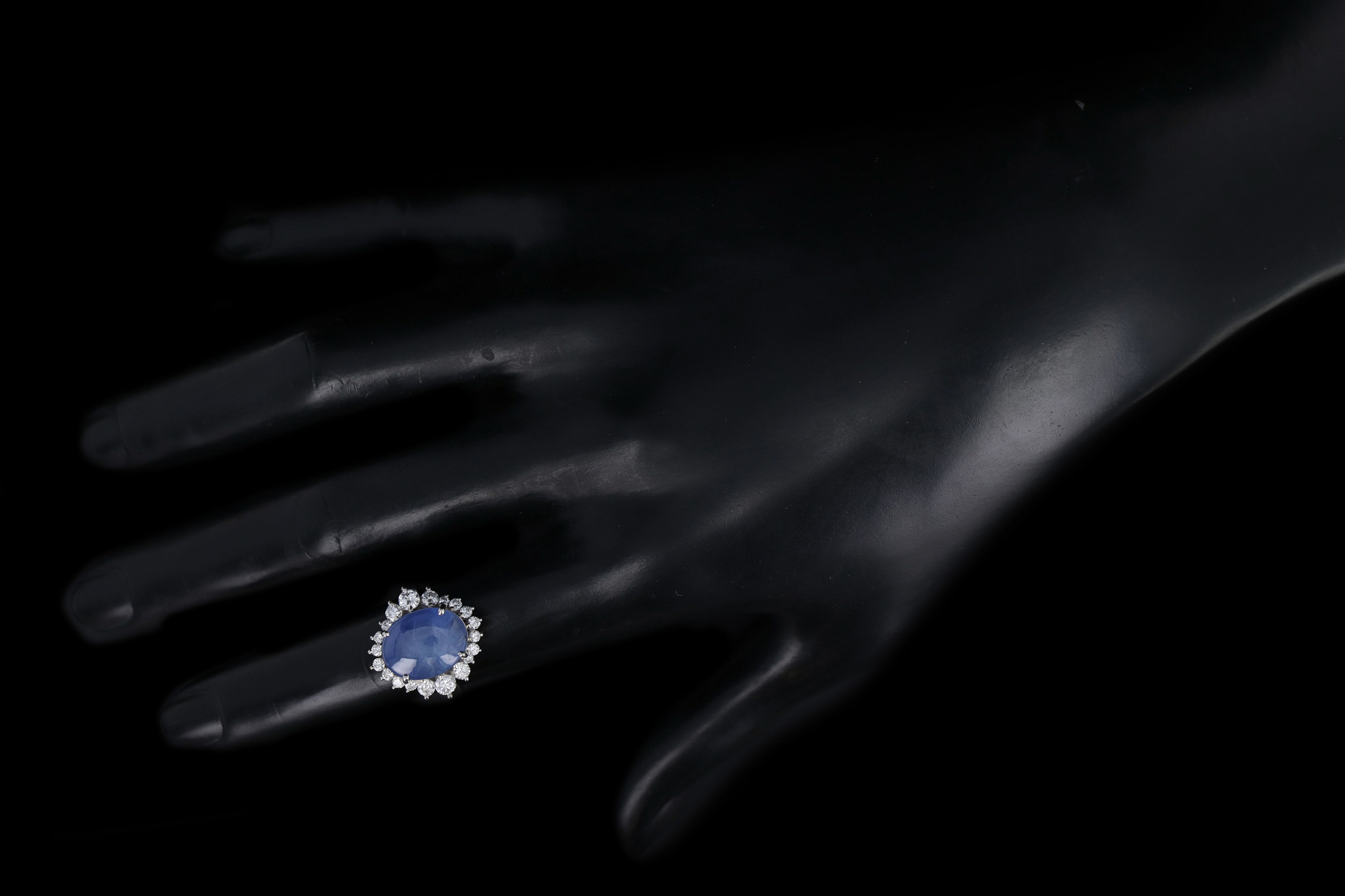 Retro Platinum 9.95 Carat Oval Cabochon Cut Natural Star Sapphire & Diamond BallerinaRing - Queen May