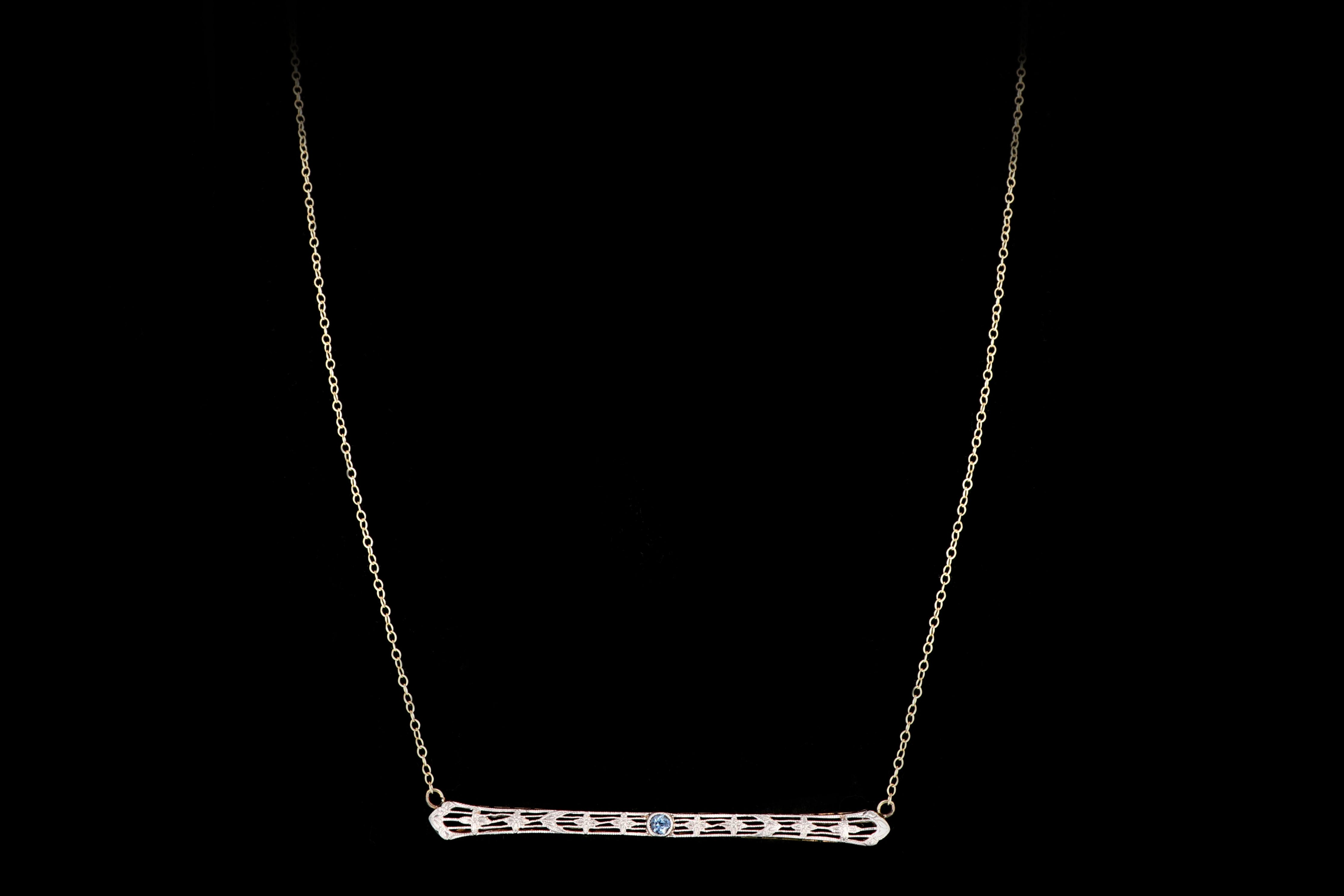Art Deco 14K & Platinum Natural No Heat Natural Sapphire Bar Pin Conversion Necklace - Queen May