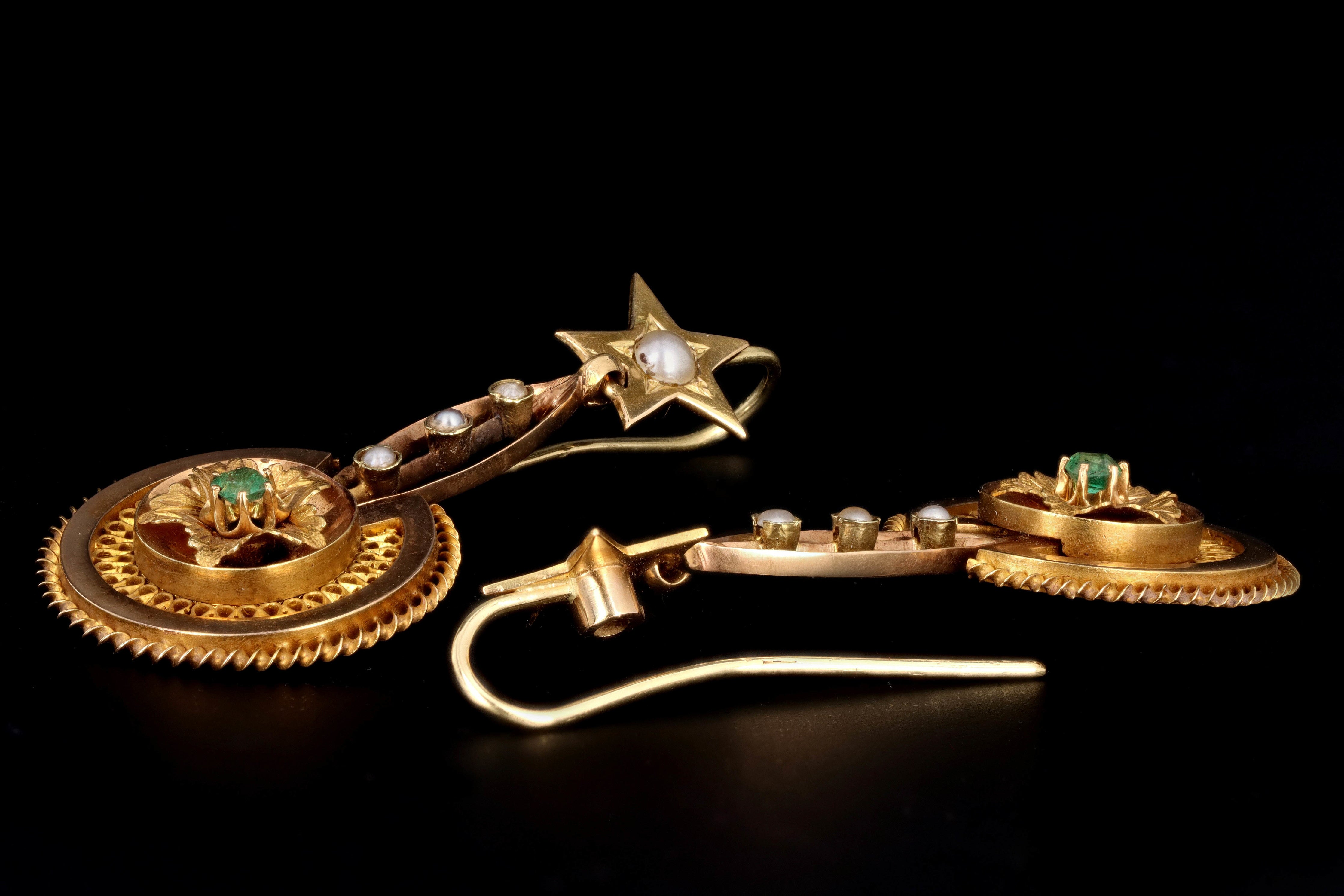 Victorian 18K Yellow Gold Emerald & Pearl Drop Earrings - Queen May