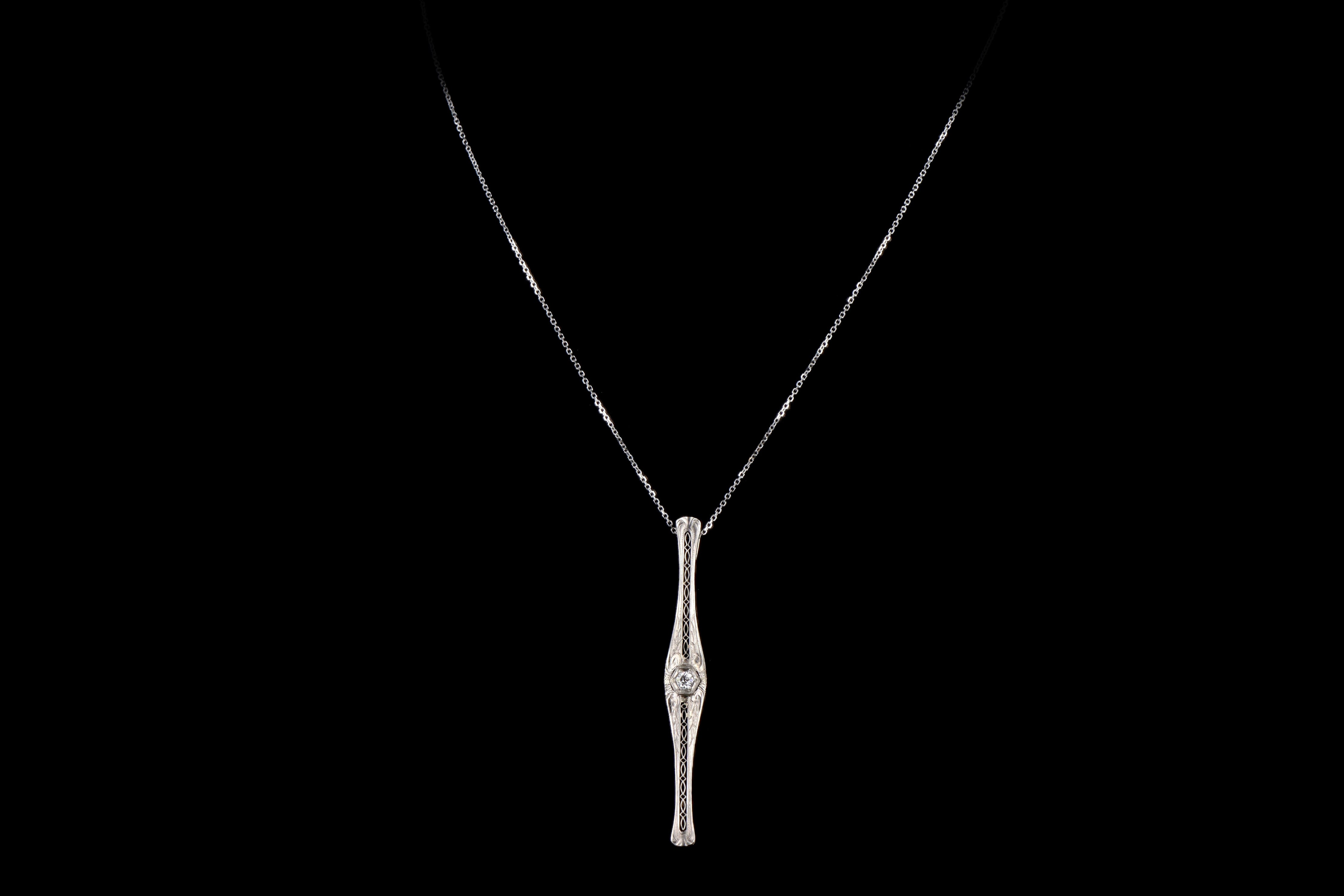 Art Deco Platinum & 14K Yellow Gold .14 Carat Old European Cut Diamond Bar Pin Conversion Pendant Necklace - Queen May
