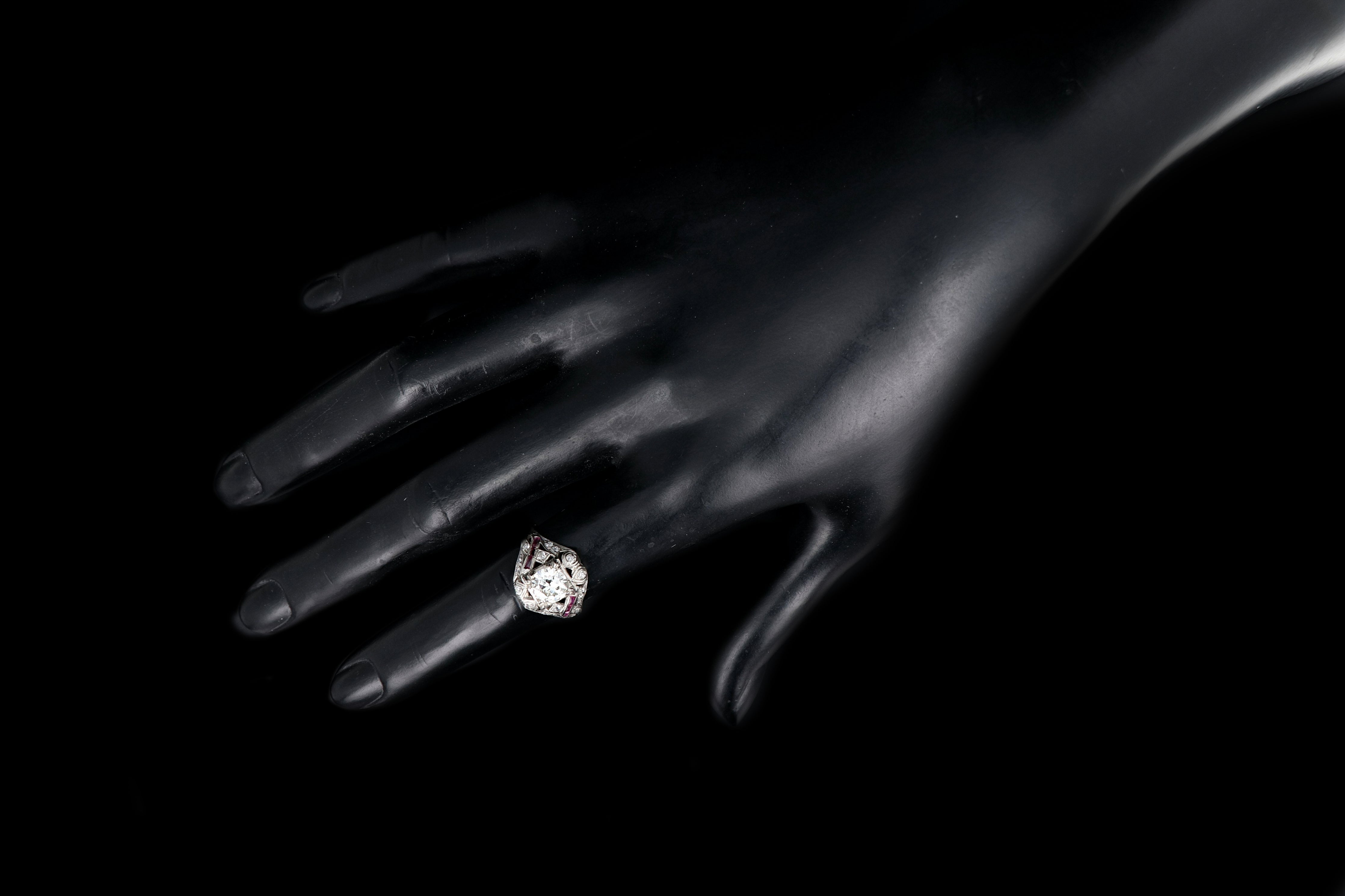 Art Deco 14K White Gold .97 Carat Transition Cut Diamond and Ruby Engagement Ring - Queen May