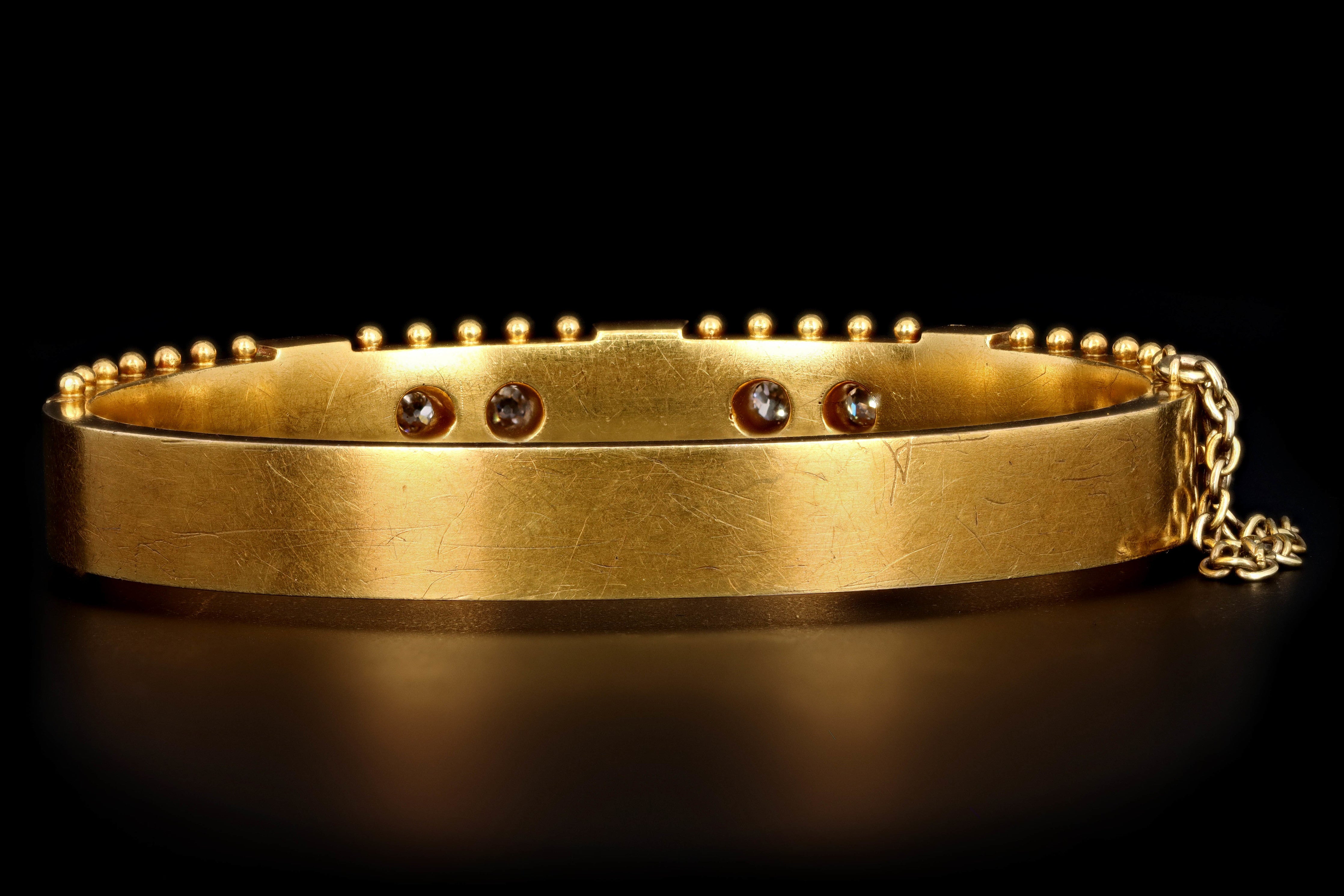 Victorian 18K Yellow Gold Old Mine Cut Diamond & Pearl Bangle Bracelet - Queen May