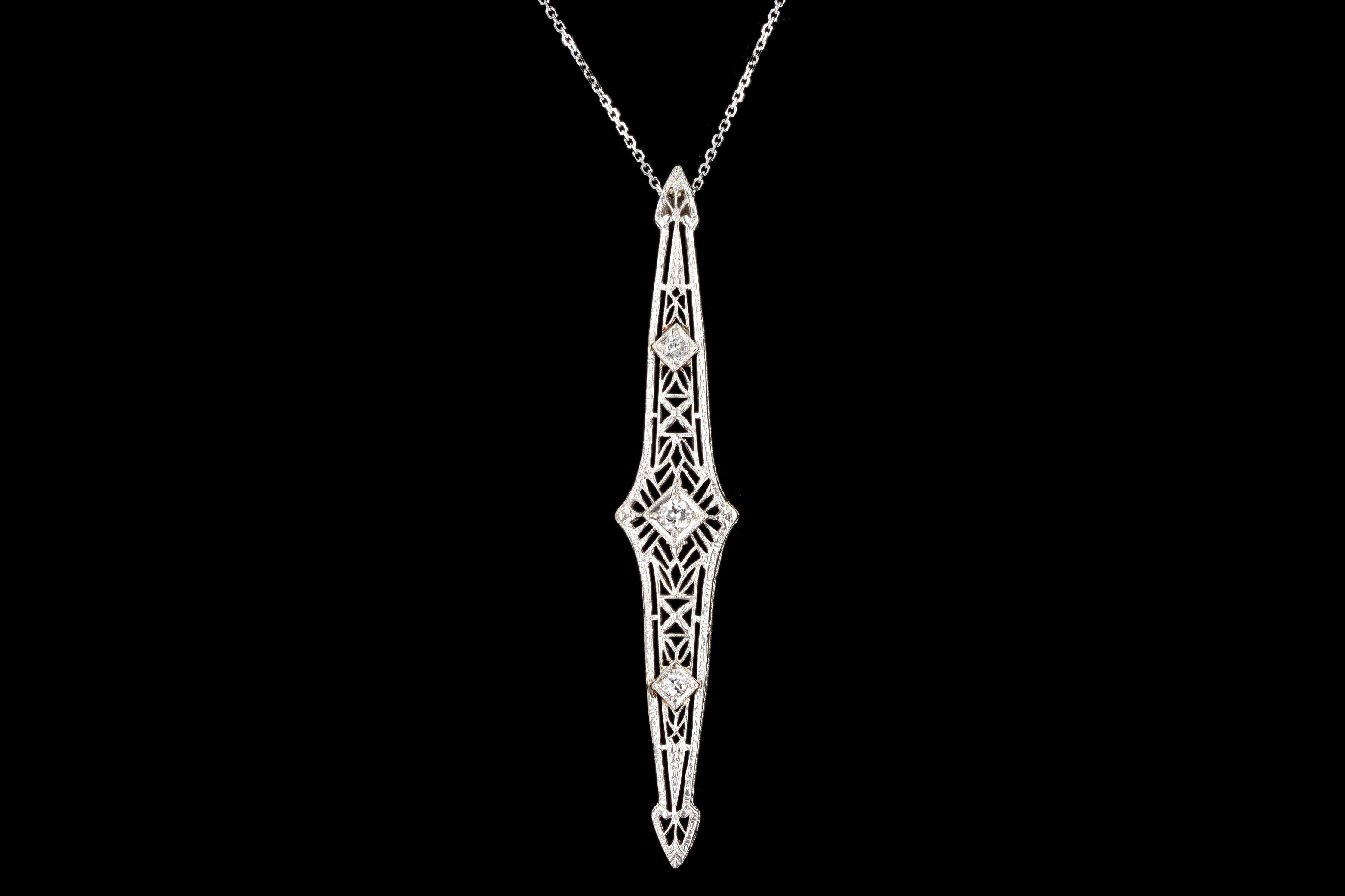 Art Deco 14K White Gold .20 Carat Old European Cut Diamond Bar Pin Conversion Pendant Necklace - Queen May