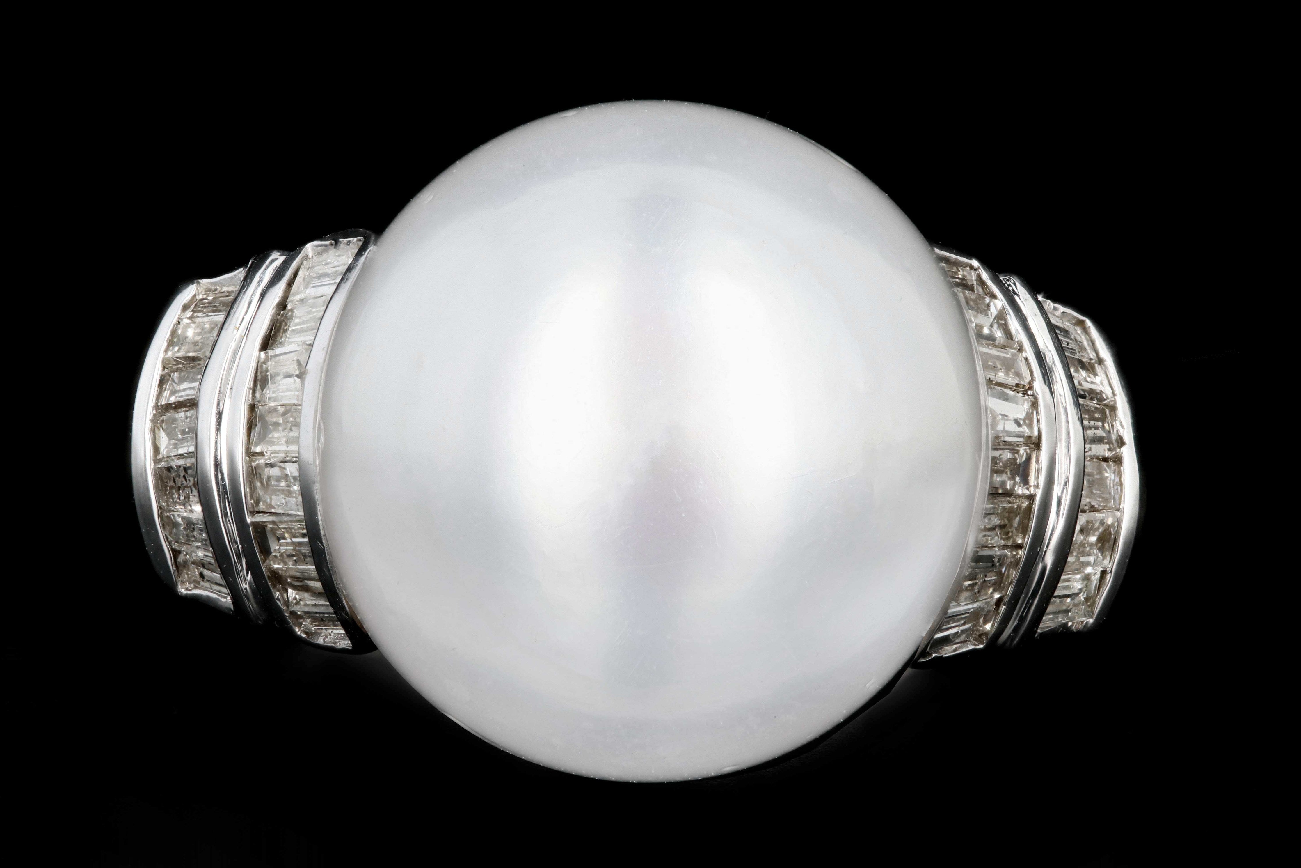 Modern 14K White Gold 15.6mm Pearl and Baguette Diamond Ring - Queen May