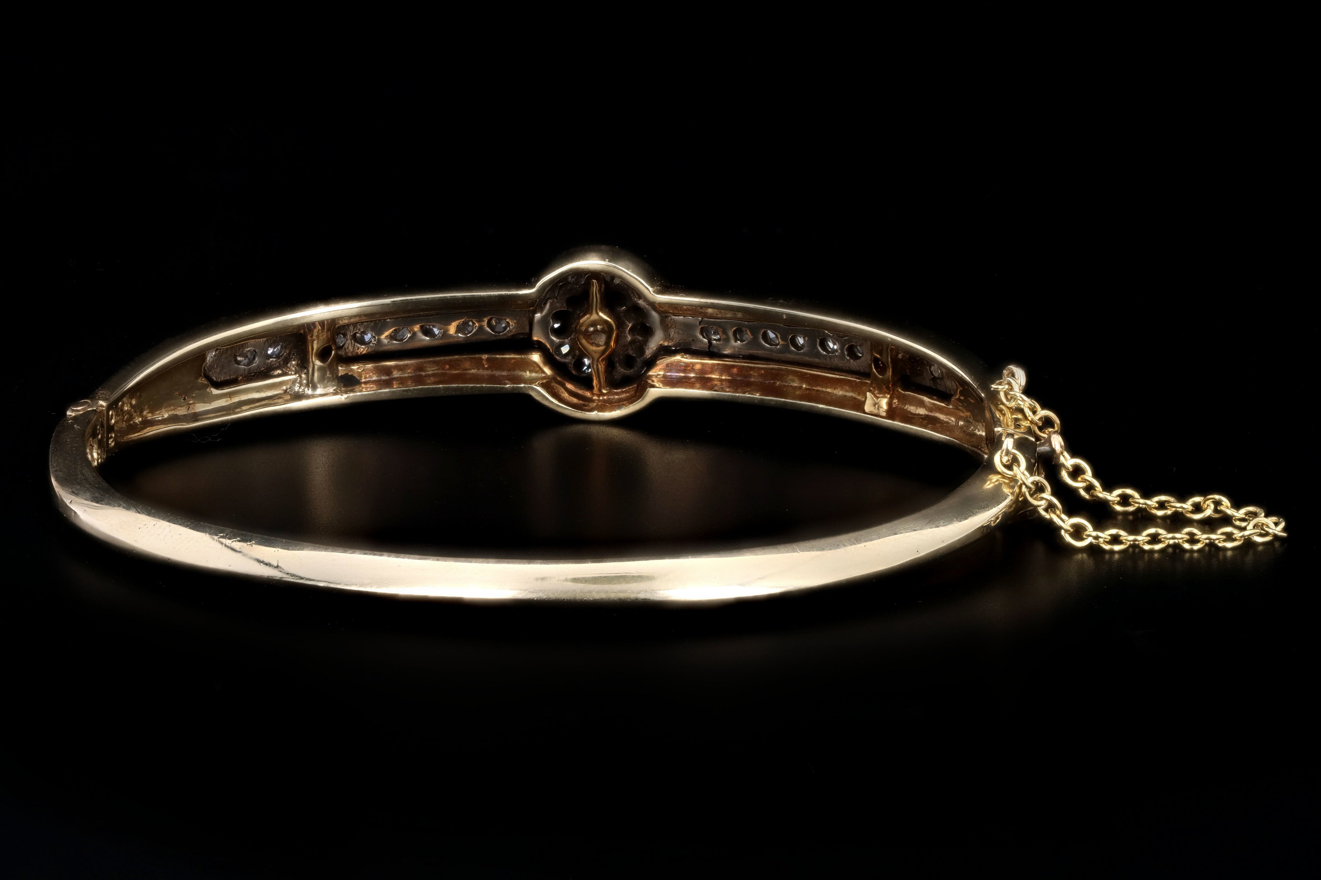 Victorian 14K Yellow Gold Enamel Pearl & Diamond Bangle - Queen May