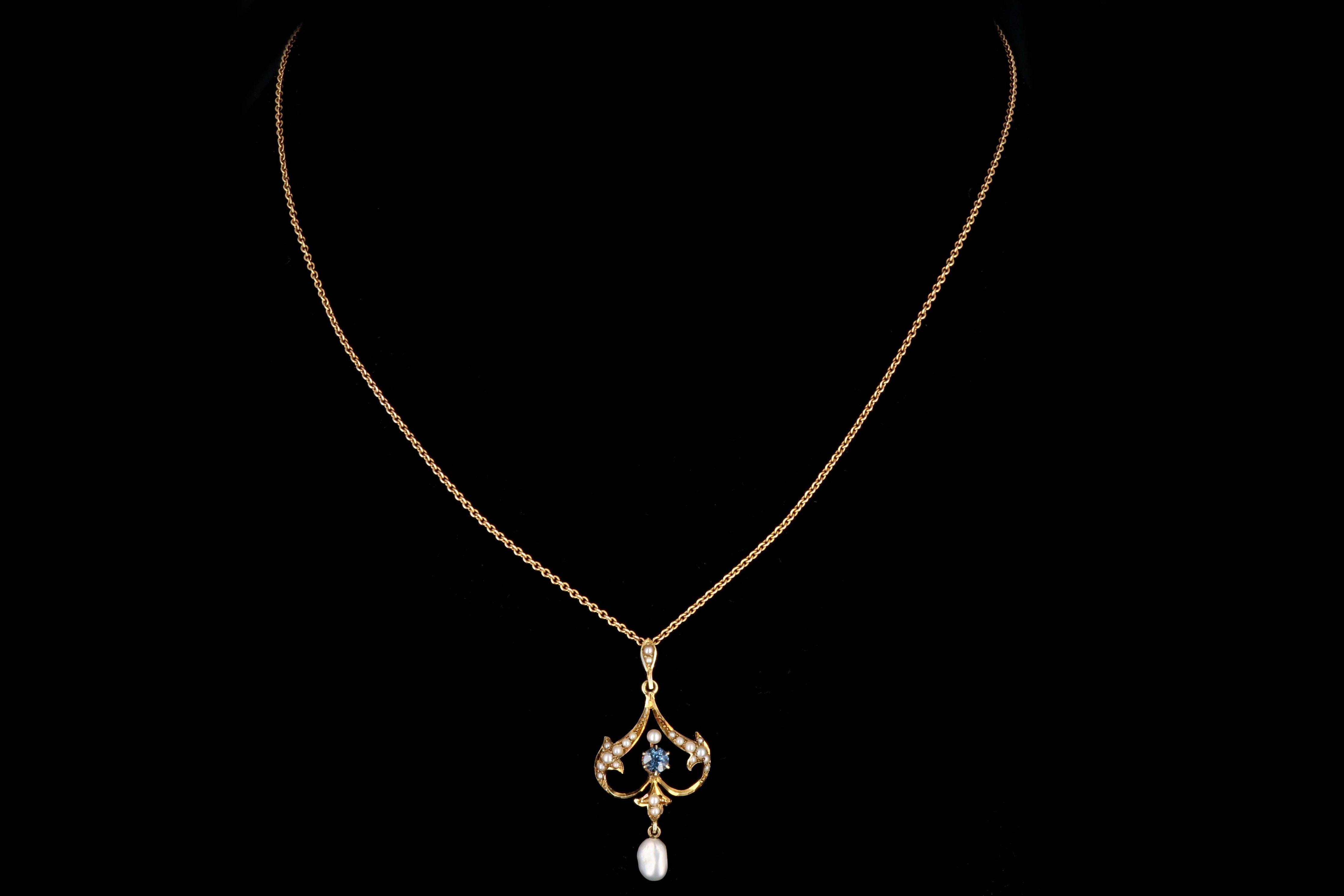 Victorian 14K Yellow Gold Lavalier Necklace With .15 Carat Natural Sapphire and Natural Pearls - Queen May