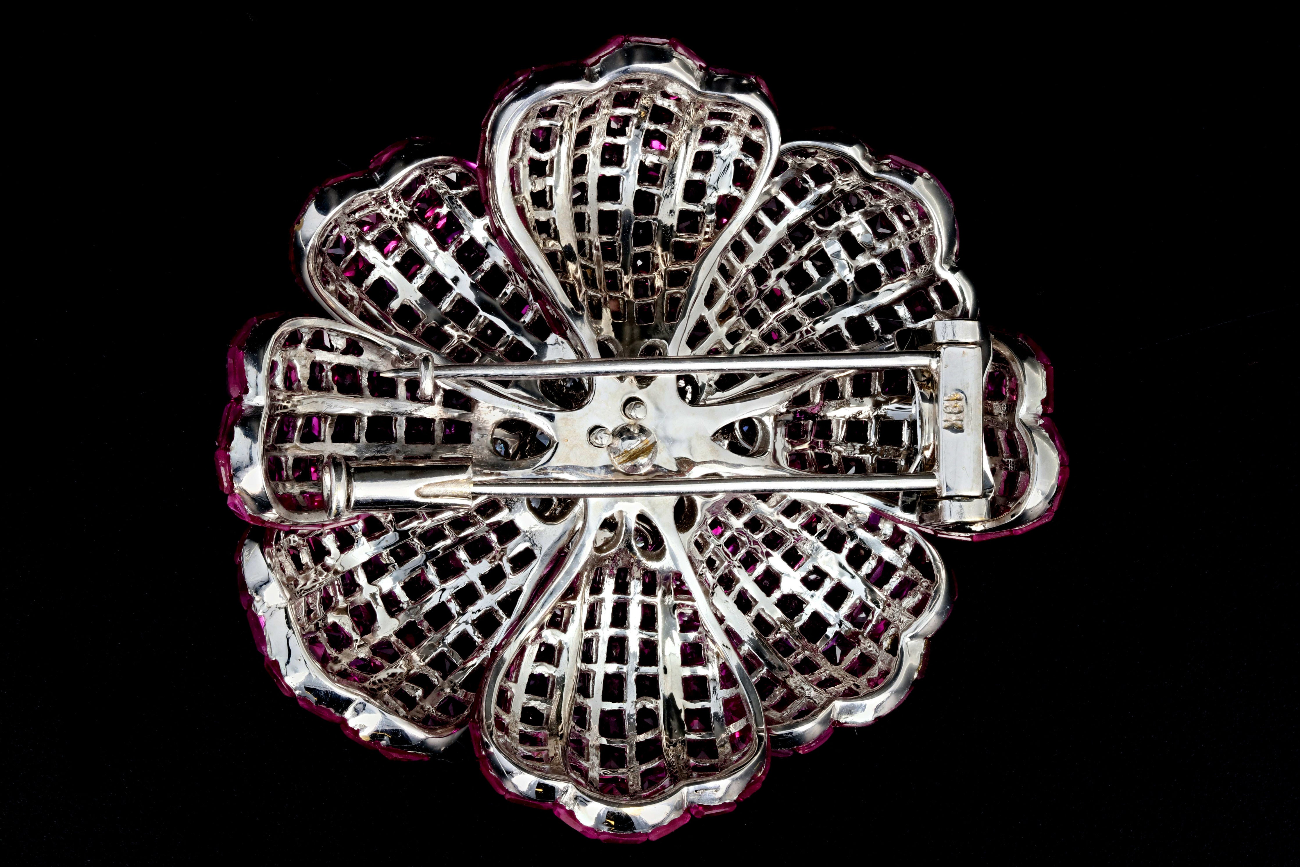Retro 18K White Gold 25 Carat Ruby and 1 Carat Diamond Flower Brooch - Queen May
