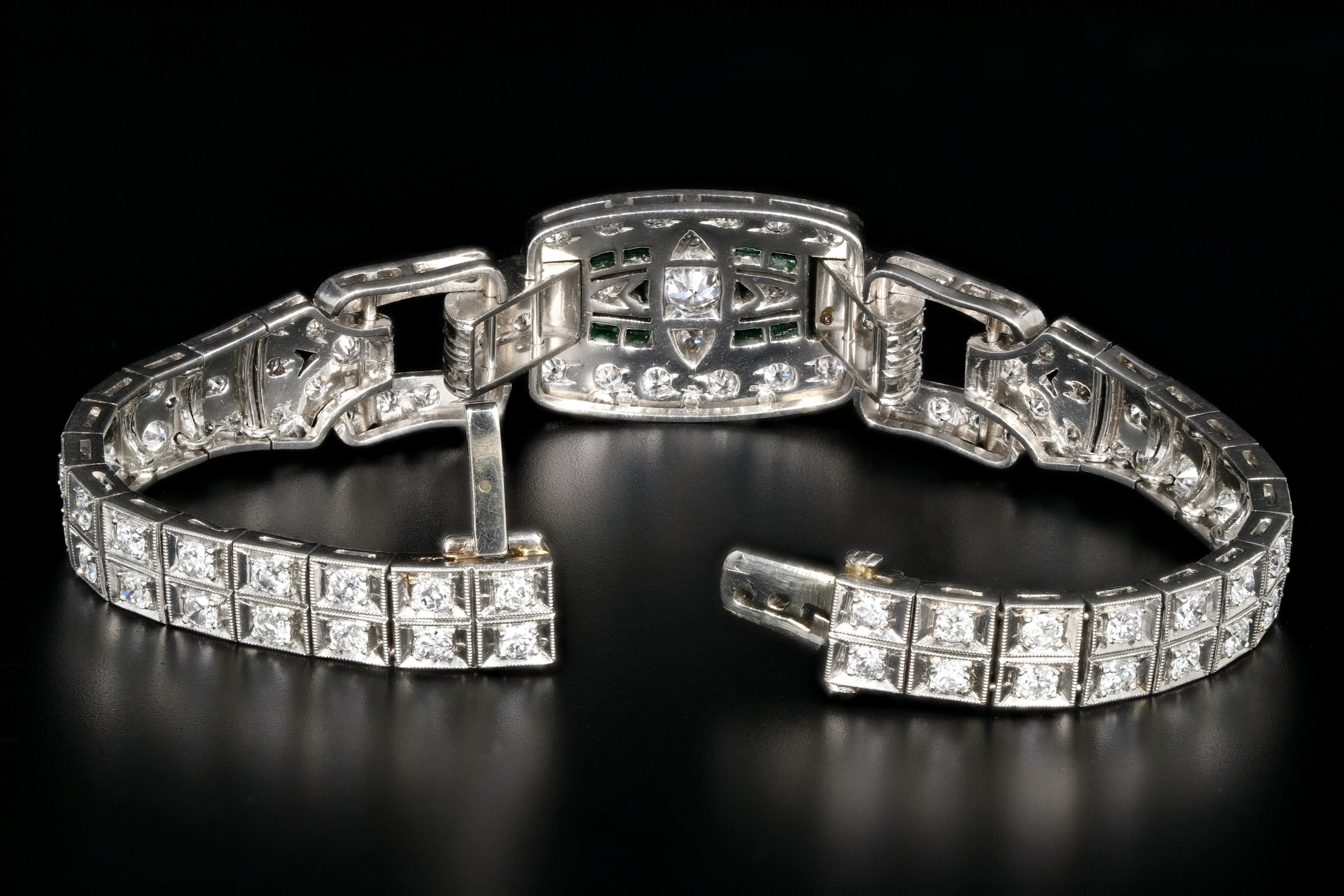 Art Deco Platinum 5 Carat Old European Cut Diamond & Emerald Bracelet - Queen May