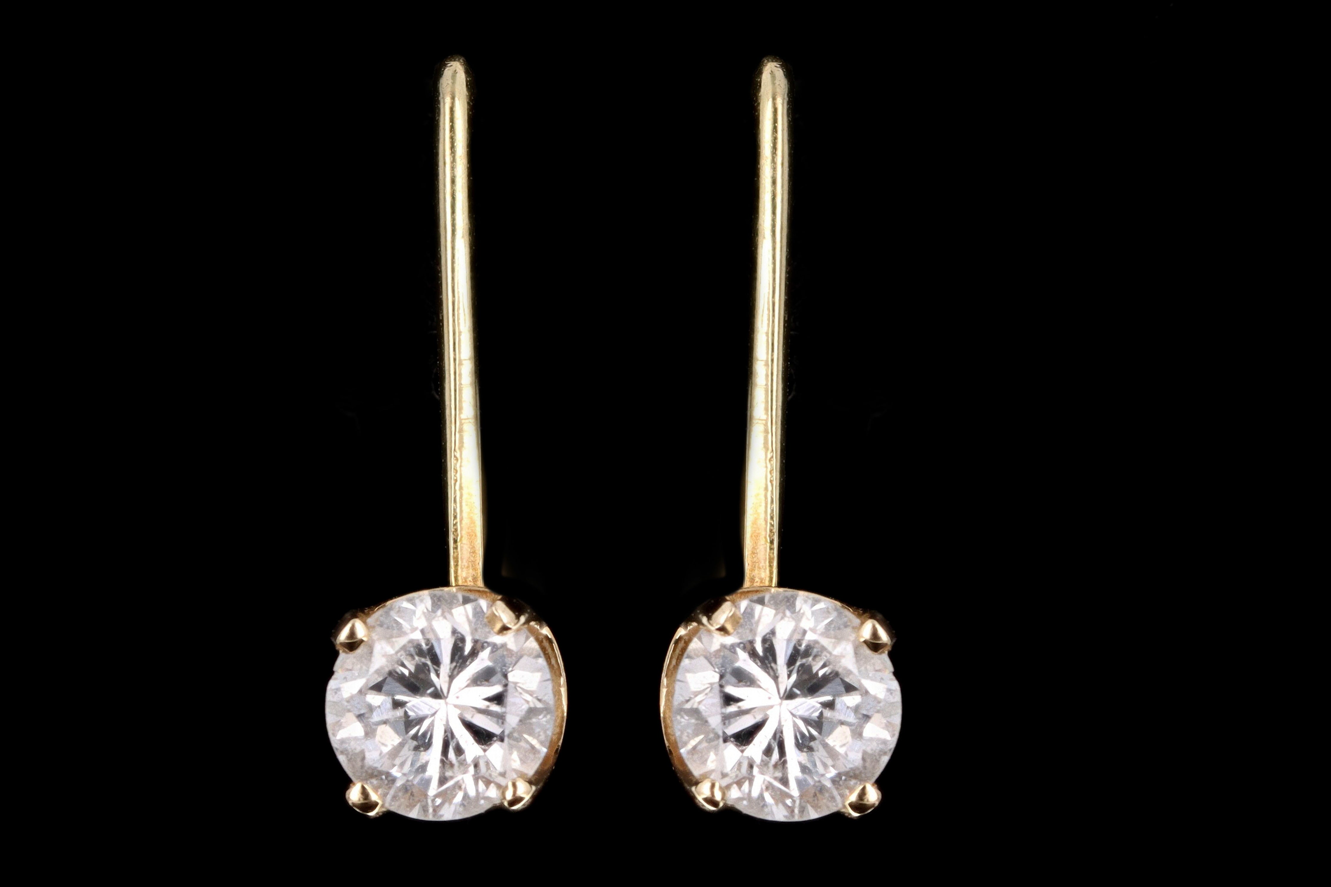 Modern 14K Yellow Gold .60 Carat Total Weight Round Brilliant Diamond Shepherd Hook Drop Earrings - Queen May