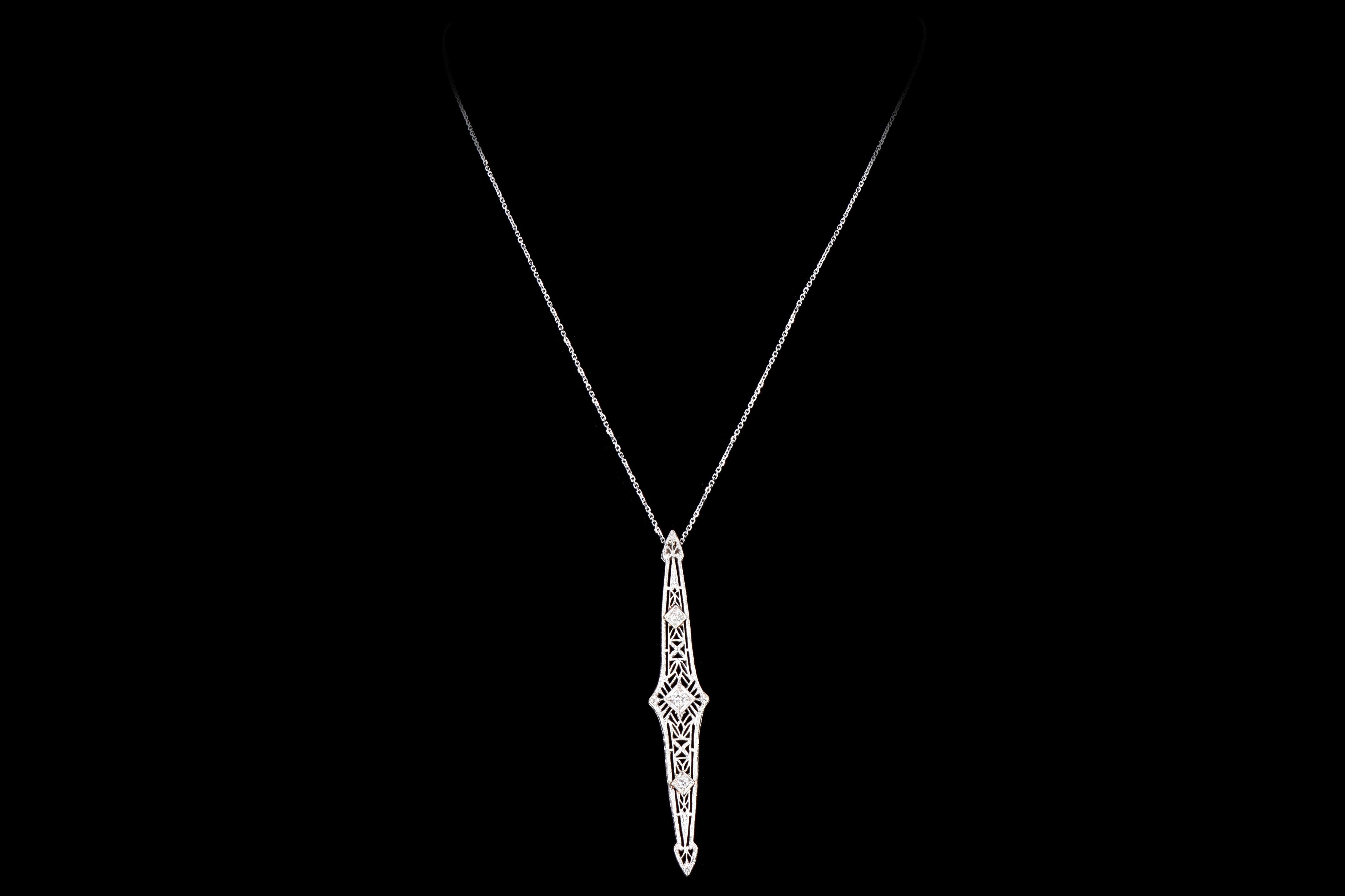 Art Deco 14K White Gold .20 Carat Old European Cut Diamond Bar Pin Conversion Pendant Necklace - Queen May