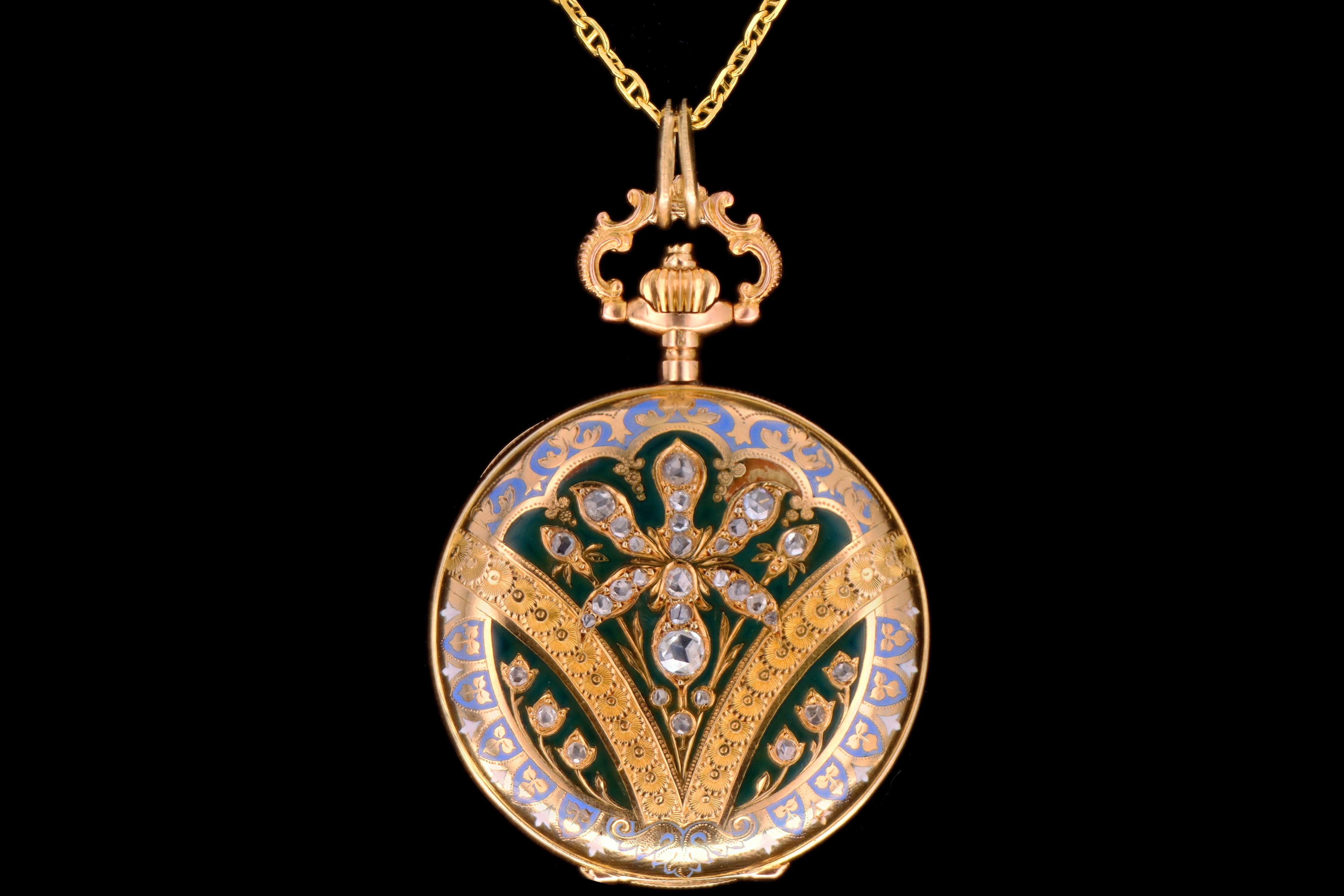 Antique 14K Yellow Gold Enamel & Rose Cut Diamond Pocket Watch Conversion Locket Pendant Necklace - Queen May
