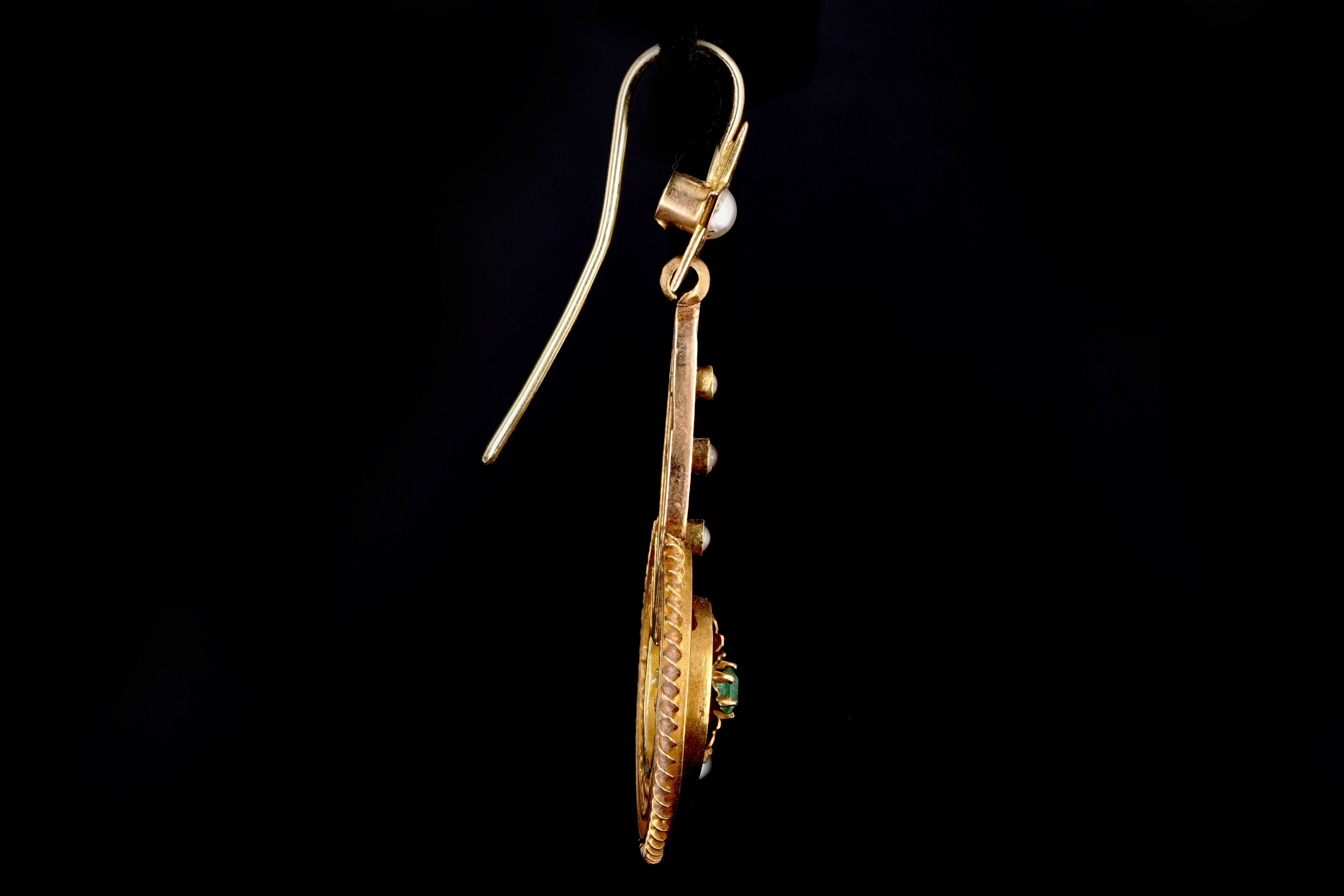 Victorian 18K Yellow Gold Emerald & Pearl Drop Earrings - Queen May