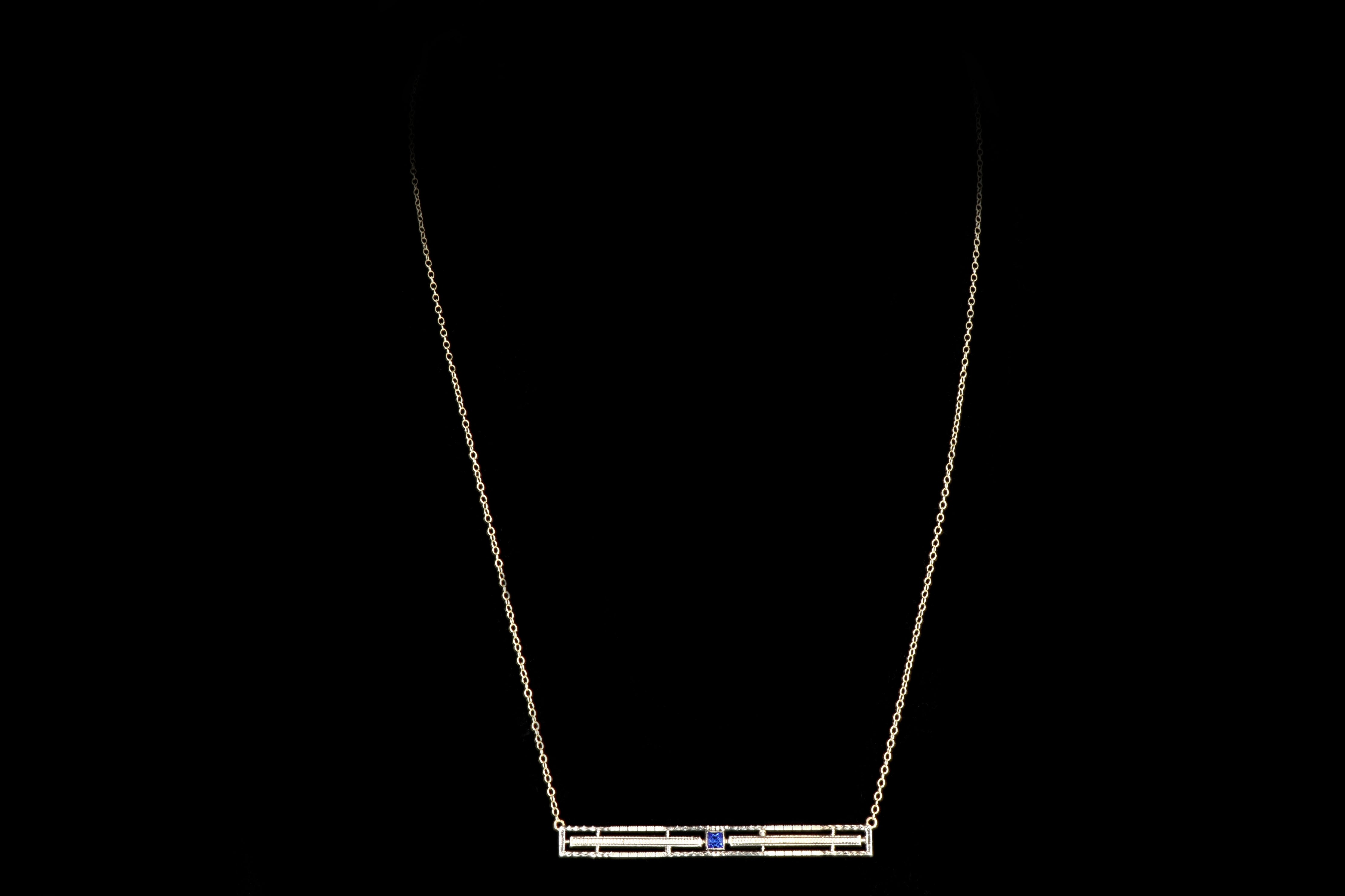 Art Deco 10K Yellow Gold Carat Synthetic Sapphire Bar Pin Conversion Necklace - Queen May