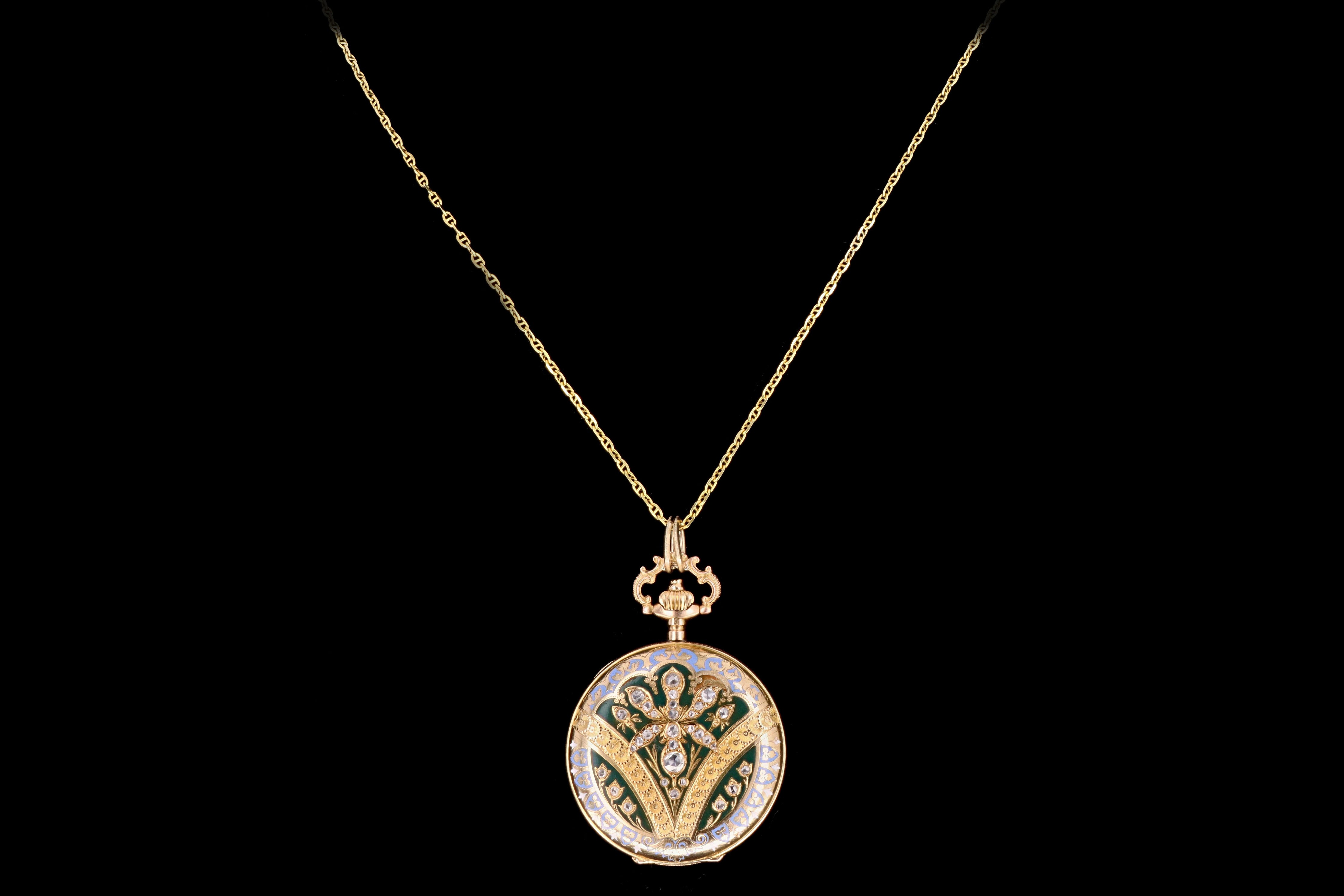 Antique 14K Yellow Gold Enamel & Rose Cut Diamond Pocket Watch Conversion Locket Pendant Necklace - Queen May