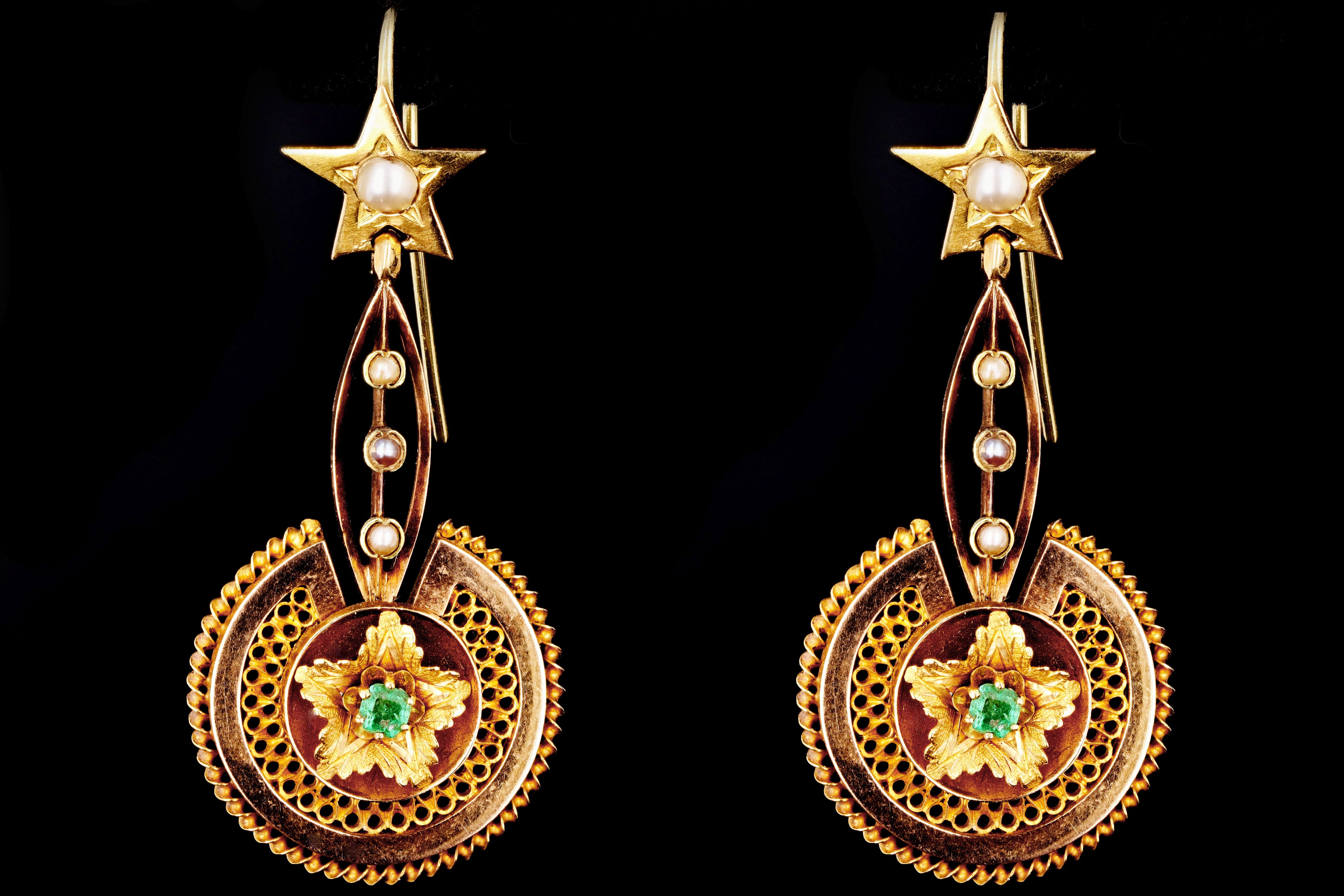 Victorian 18K Yellow Gold Emerald & Pearl Drop Earrings - Queen May