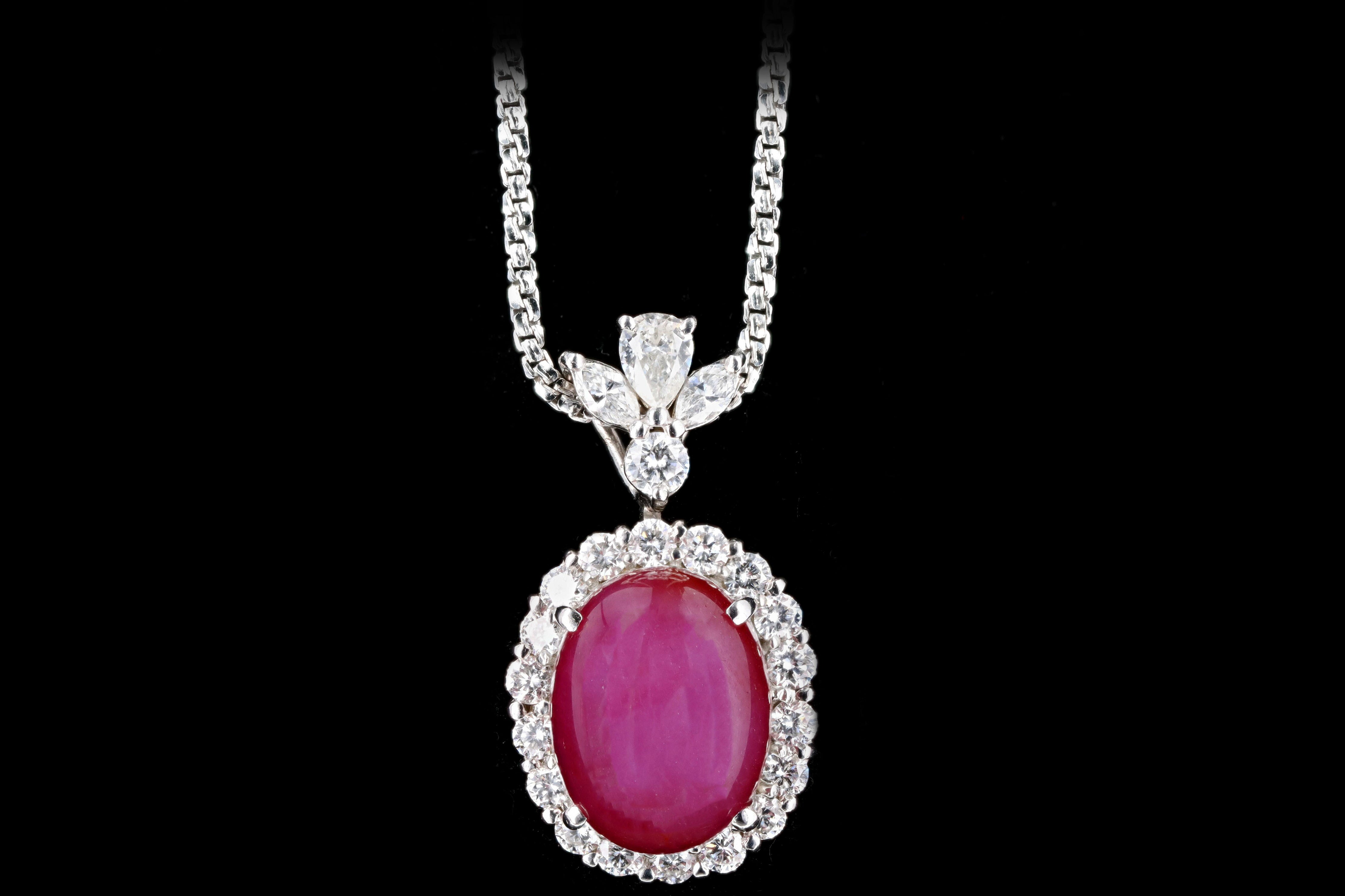 Retro 18K White Gold 8.79 Carat Oval Cabochon Cut Natural Star Ruby & Diamond Halo Pendant Necklace - Queen May