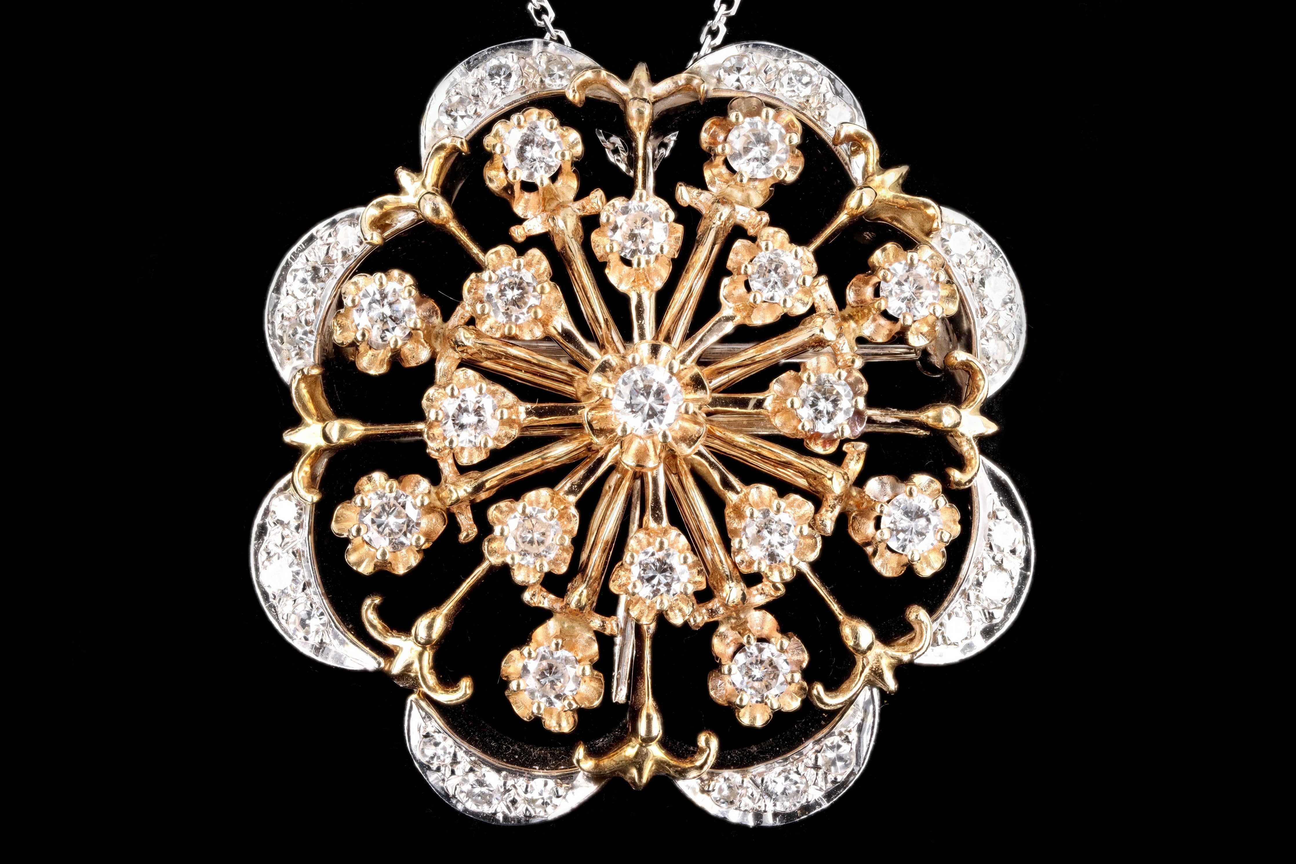 Retro 14K Gold 1.5 Carat Round Brilliant Diamond Flower Pin Conversion Pendant Necklace - Queen May
