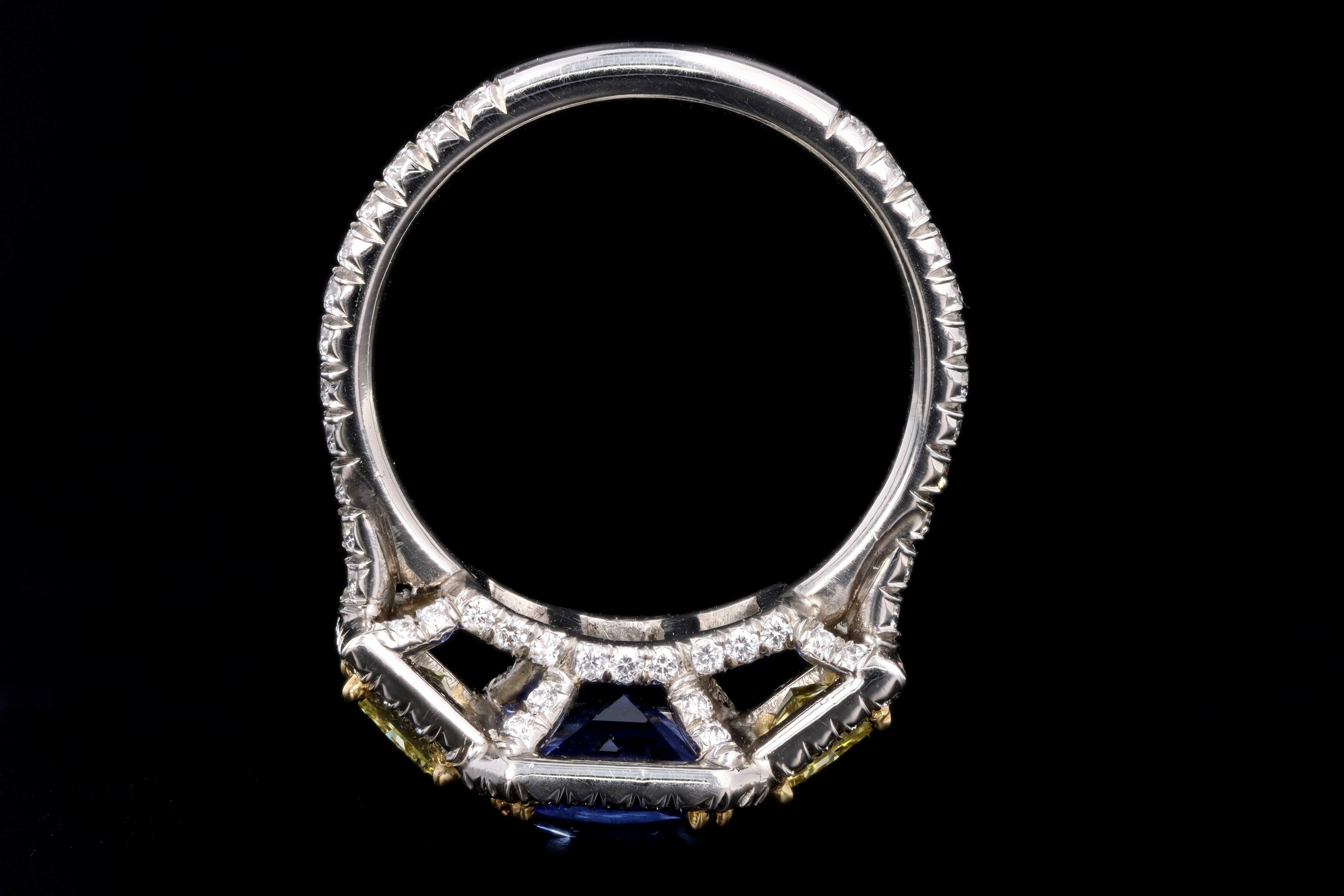 Modern Platinum 2.05 Carat Cushion Cut Sapphire & Fancy Yellow Diamond Ring - Queen May