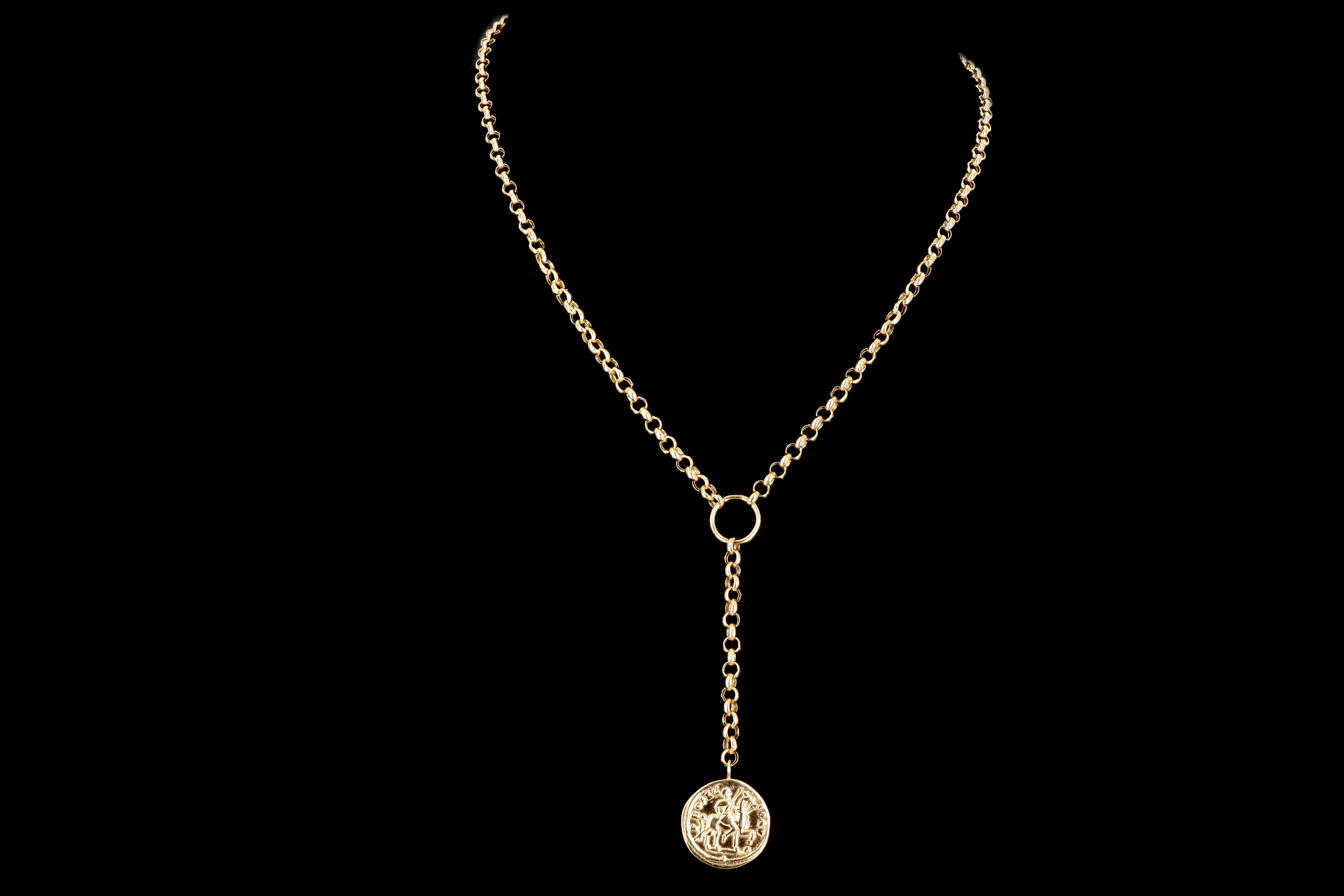 New 14K Yellow Gold Coin Medallion Lariat Pendant Necklace - Queen May