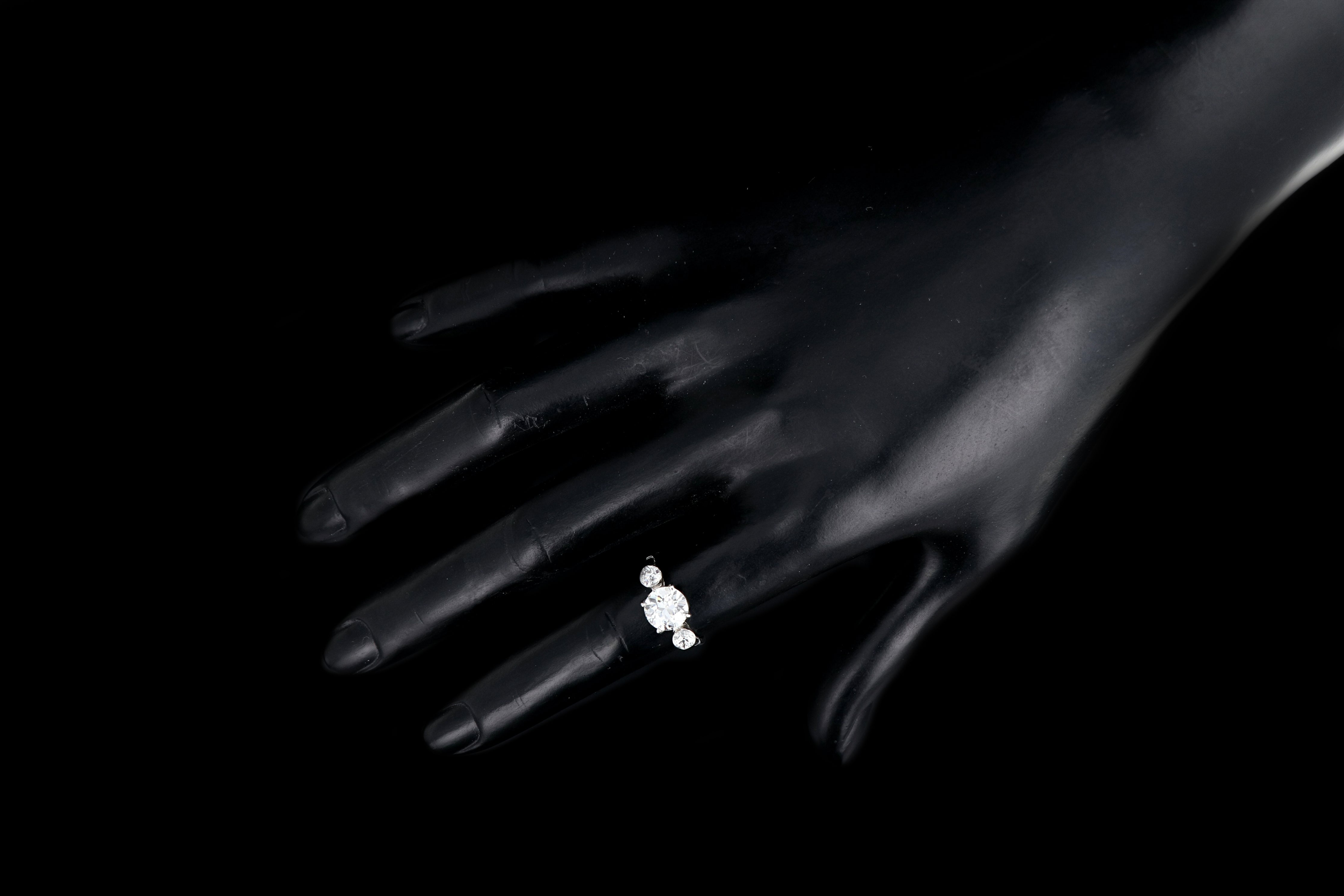 Art Deco Platinum 3 Stone 1.63 Carat Center Old European Cut Diamond Engagement Ring - Queen May