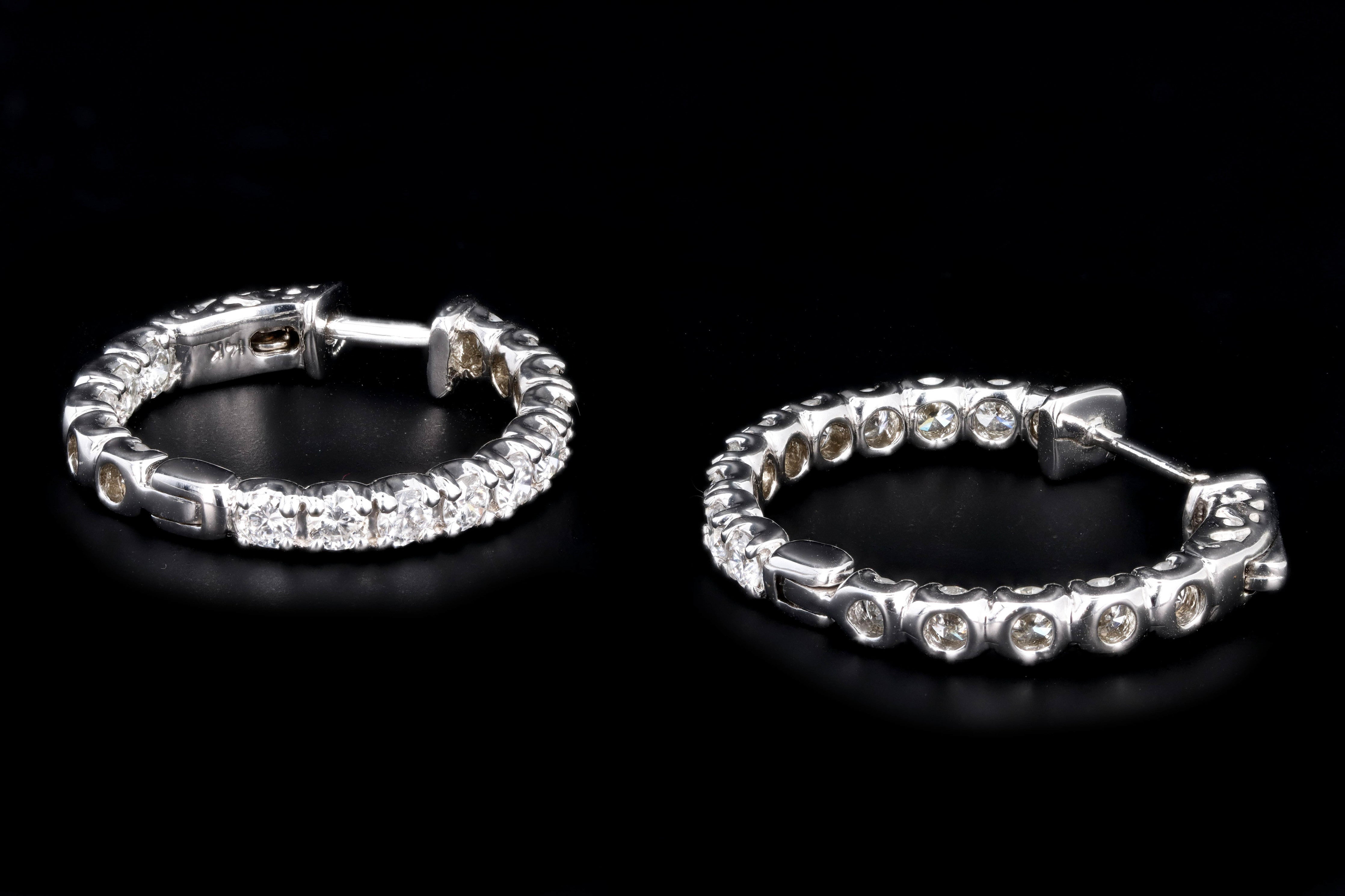 New 14K White Gold 2.58 Carat Round Brilliant Diamond Hoop Earrings - Queen May