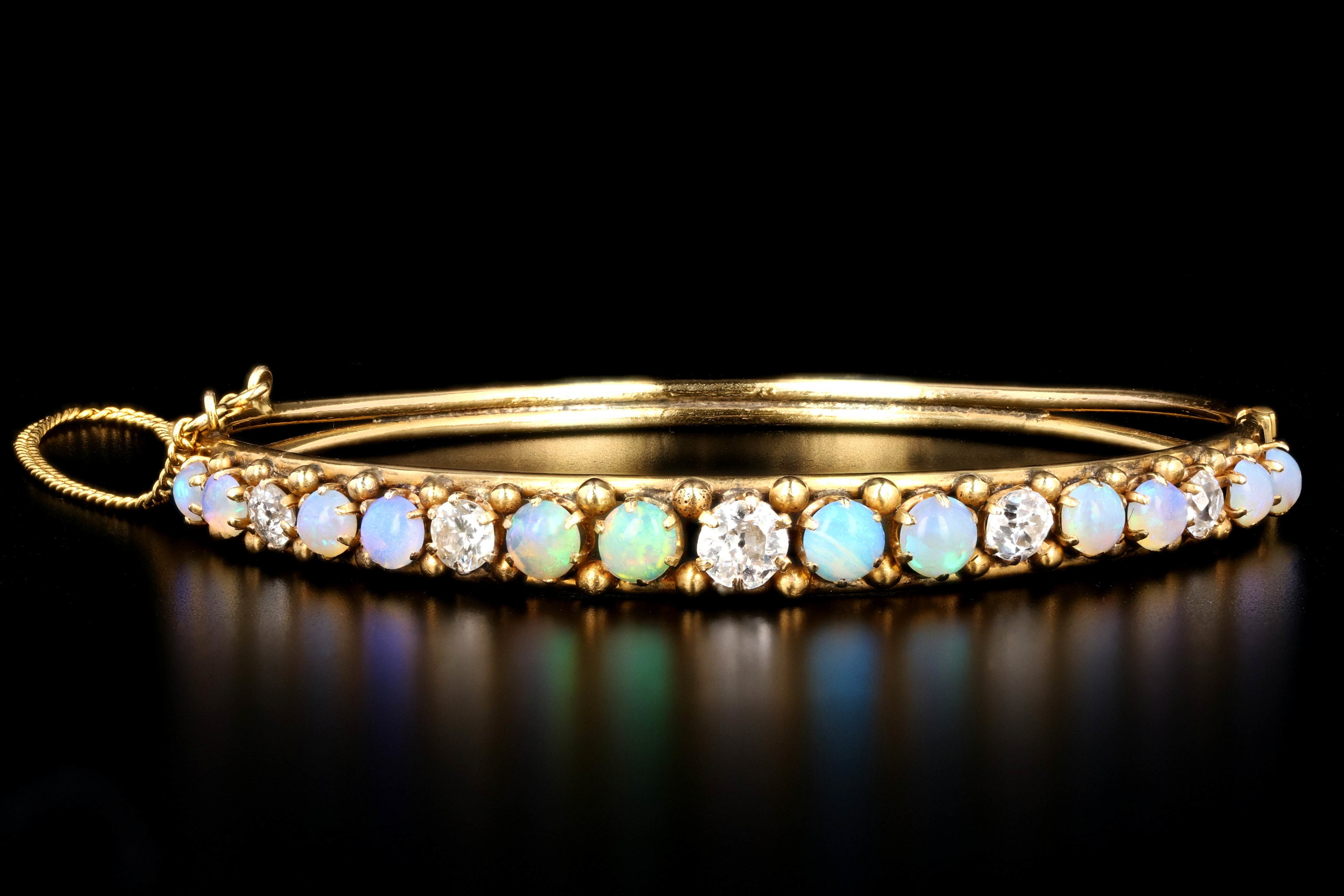 Victorian 14K Yellow Gold Cabochon Opal & Old European Cut Diamond Bangle Bracelet - Queen May