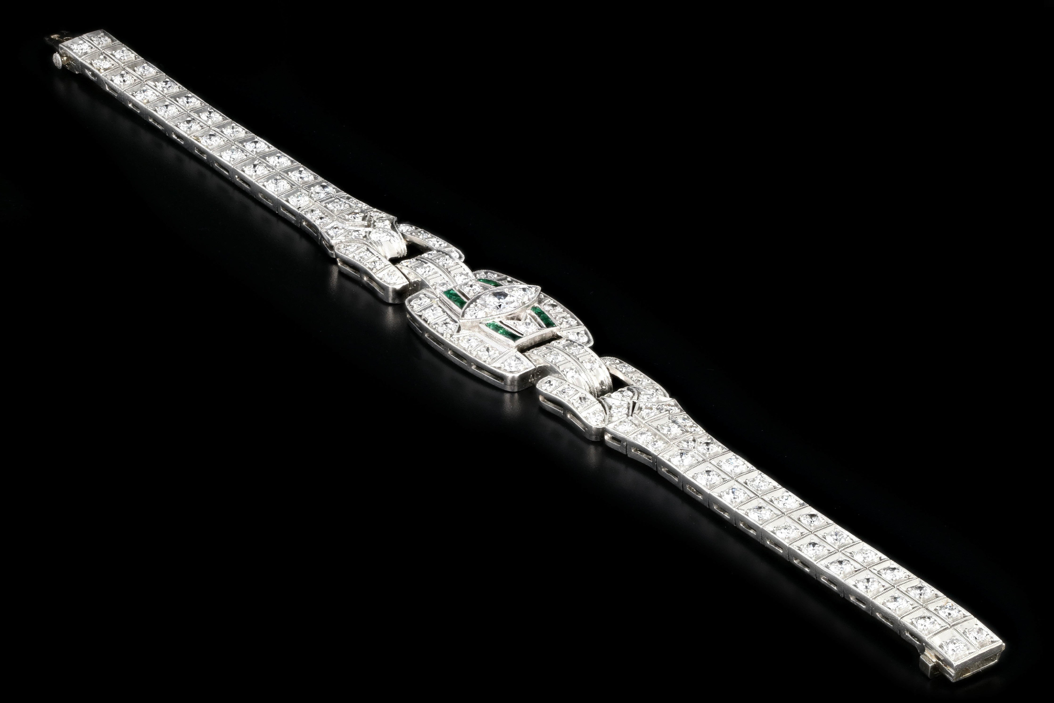 Art Deco Platinum 5 Carat Old European Cut Diamond & Emerald Bracelet - Queen May