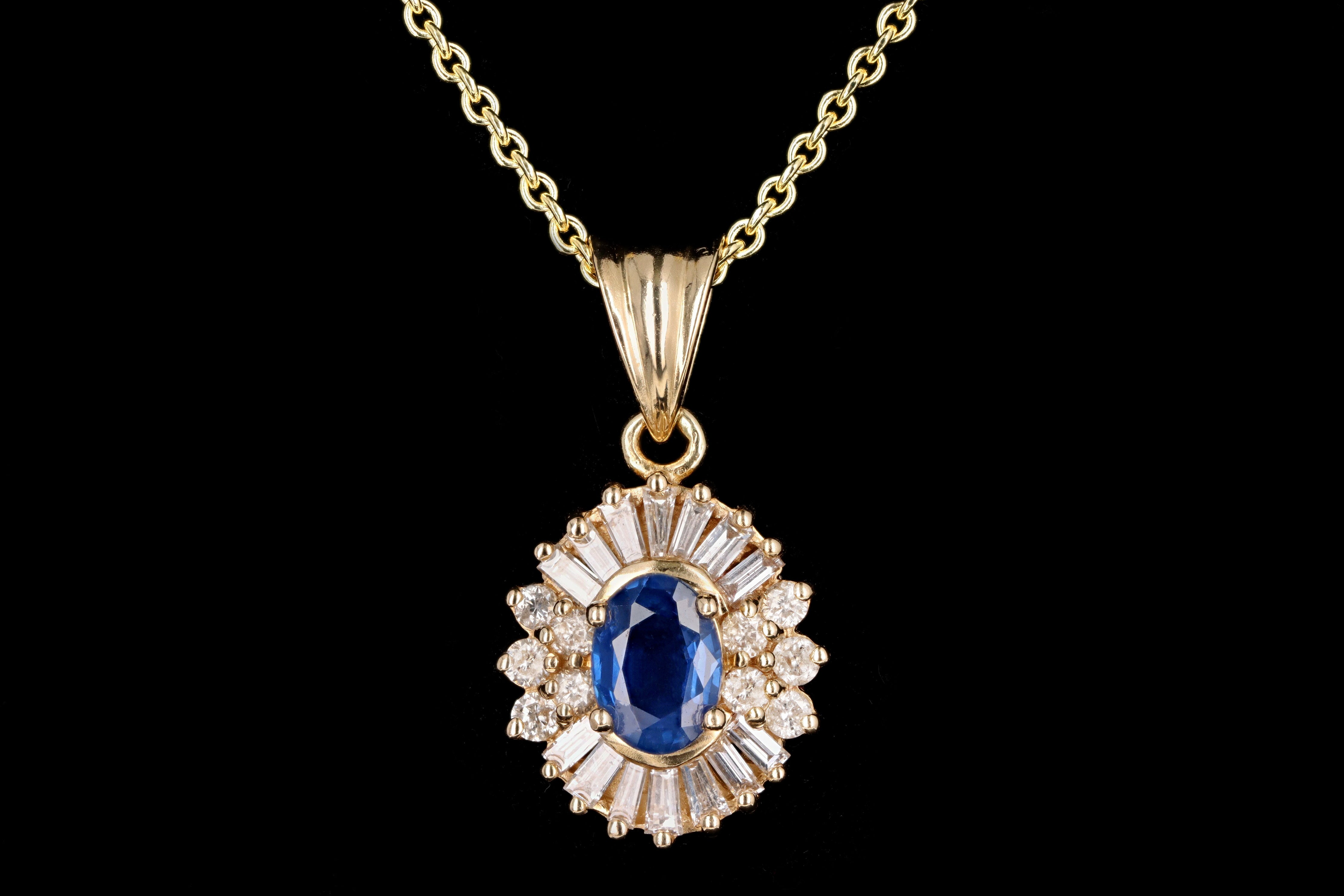Retro 14K Yellow Gold .85 Carat Natural Sapphire & Diamond Pendant Necklace - Queen May