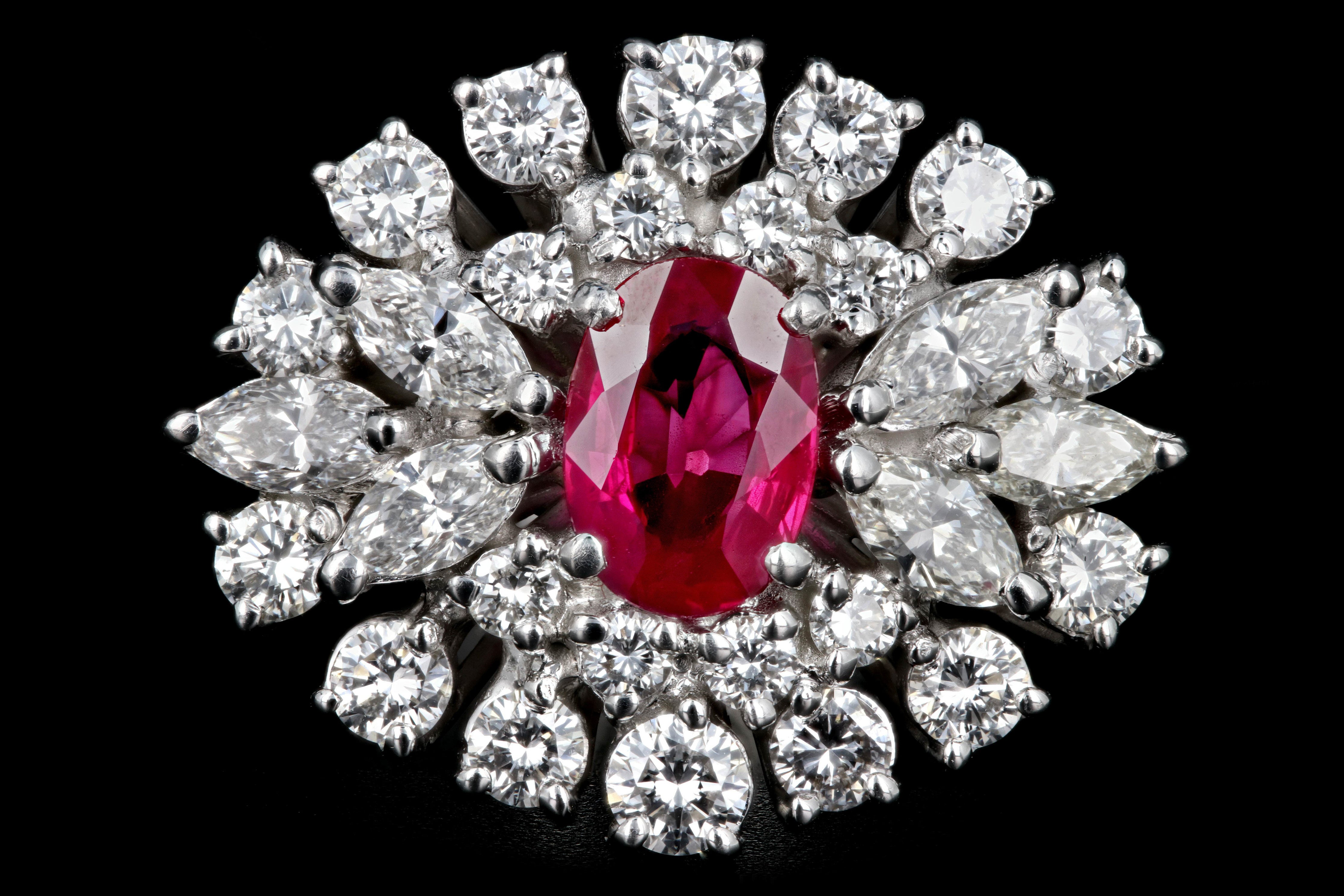 Modern 18K White Gold 1.1 Carat Burma Ruby and Diamond Ring Stone Group Laboratories Certified - Queen May