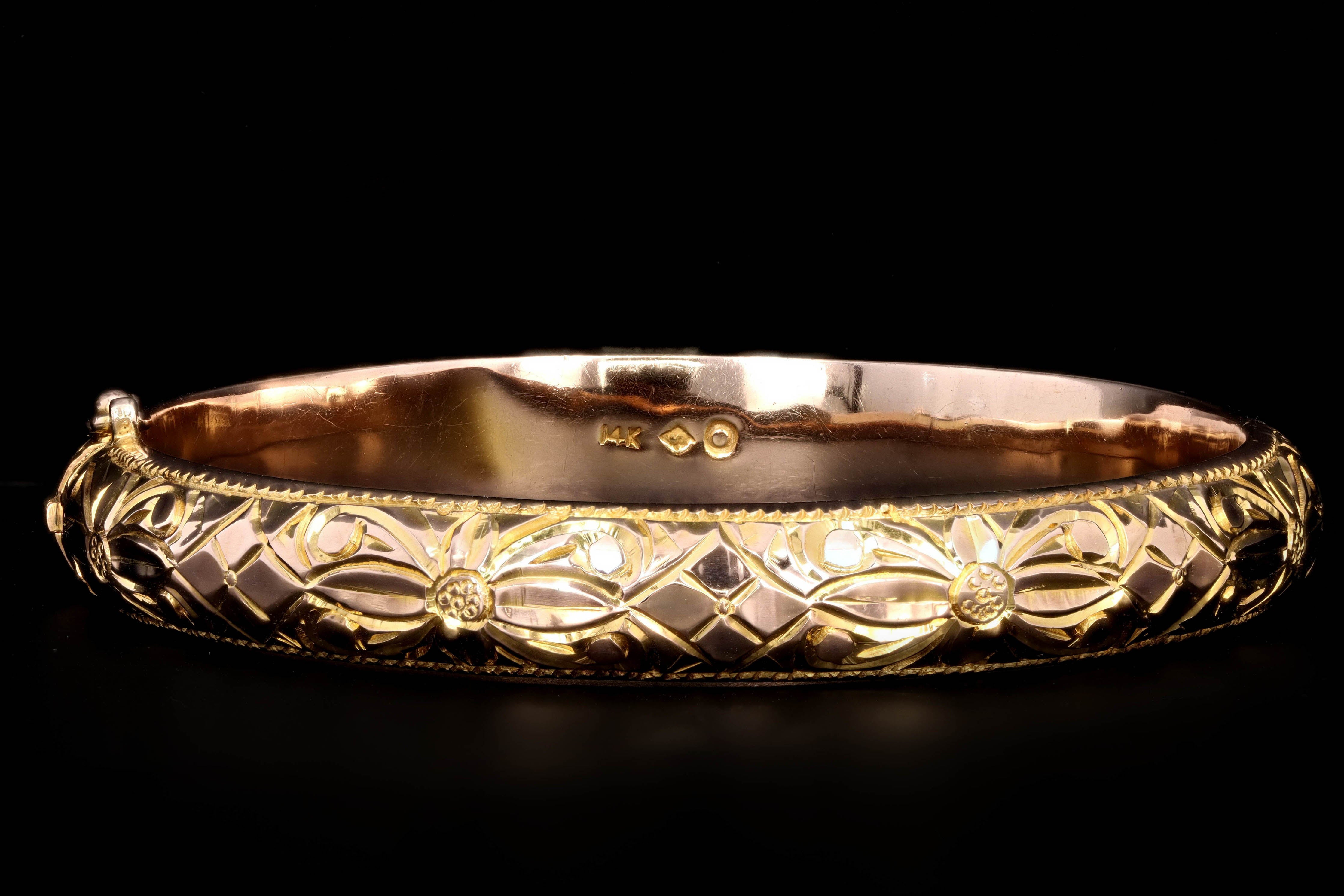 Vintage 14K Yellow Gold Floral Motif Bangle - Queen May