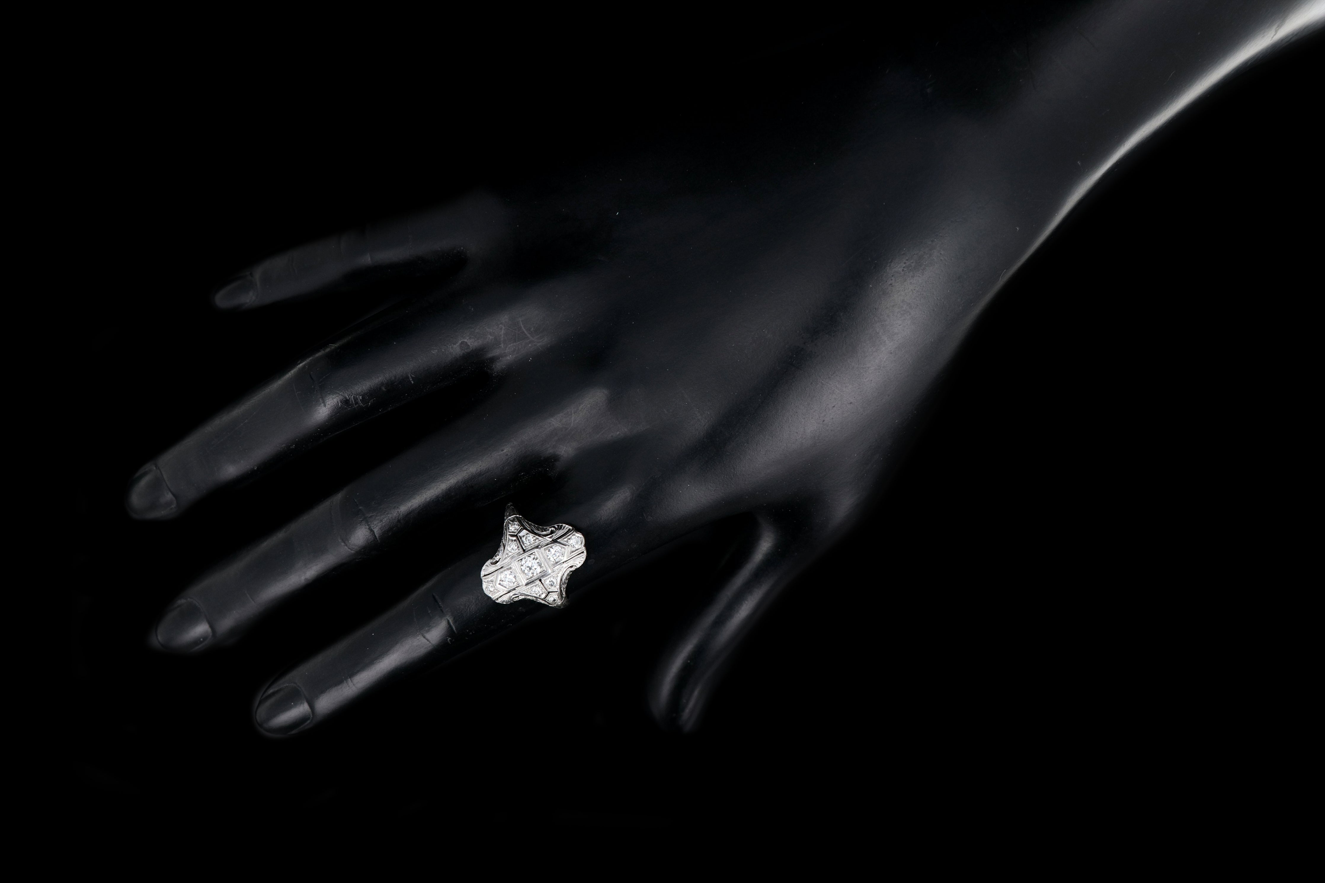 Art Deco Platinum Diamond Shield Ring Size 5.75 - Queen May