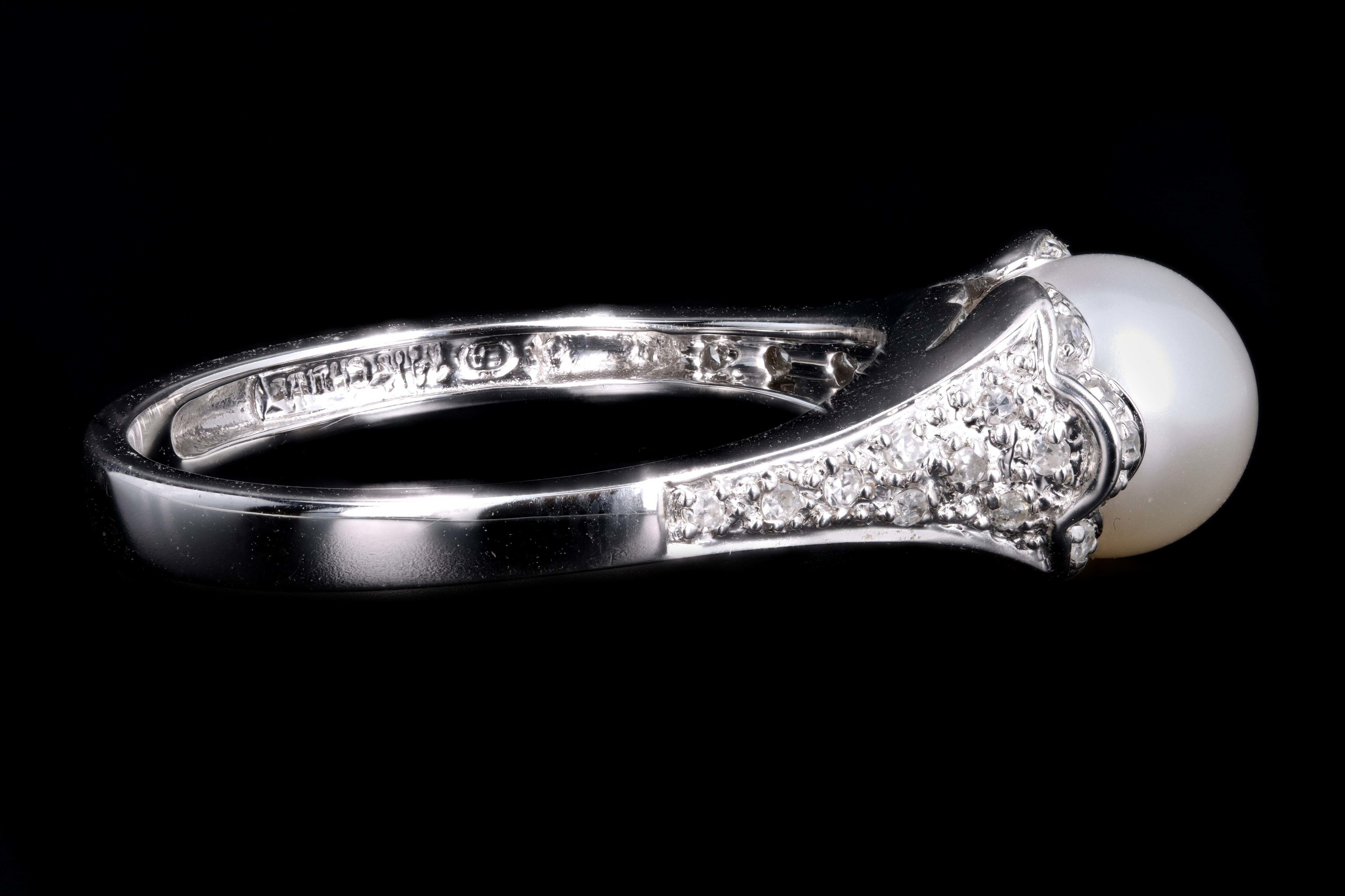Modern 14K White Gold 7.70mm Cultured Pearl & Diamond Ring - Queen May