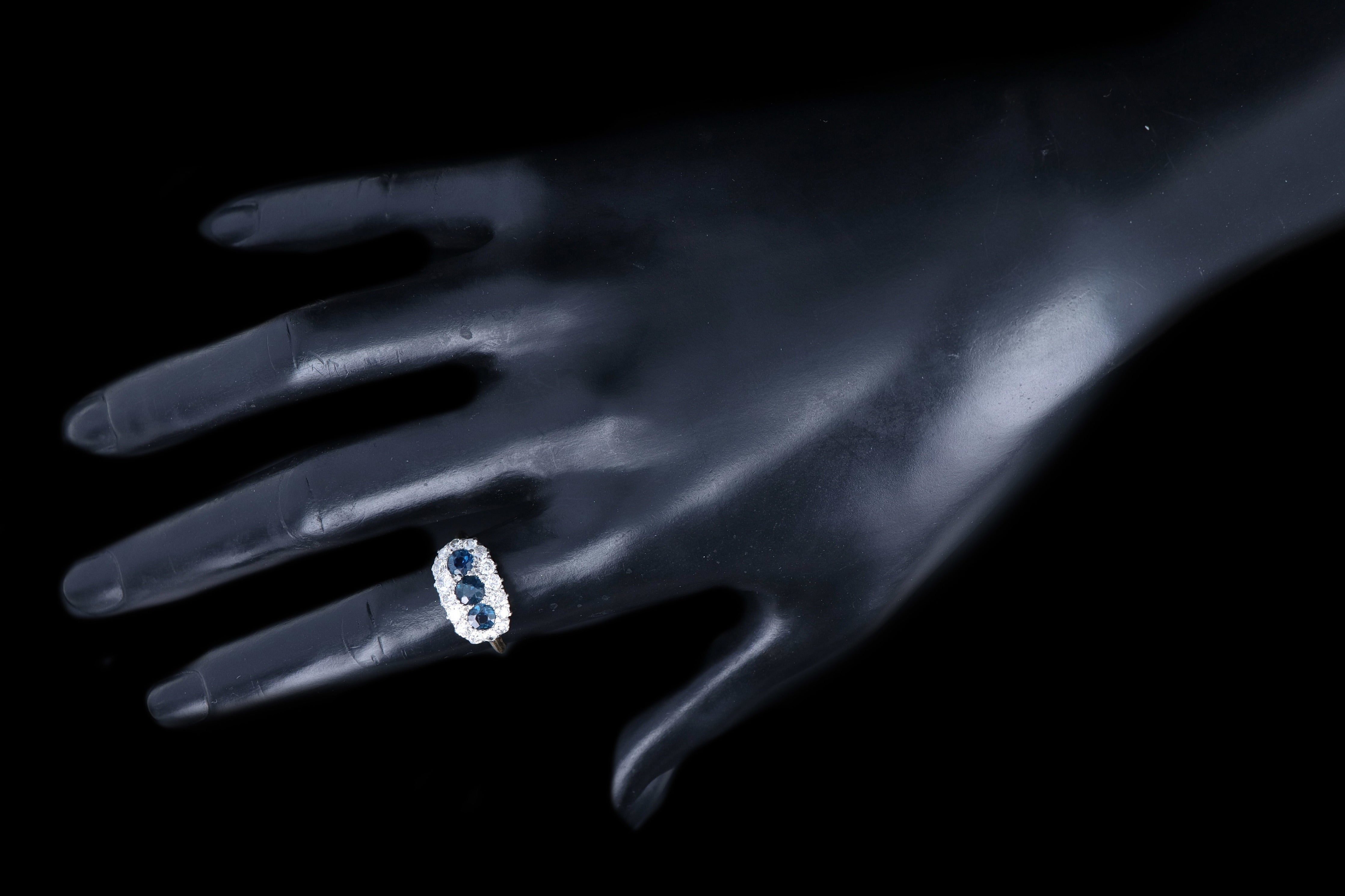 Victorian Platinum & 18K Yellow Gold Natural Sapphire & Diamond Three Stone Cluster Ring - Queen May