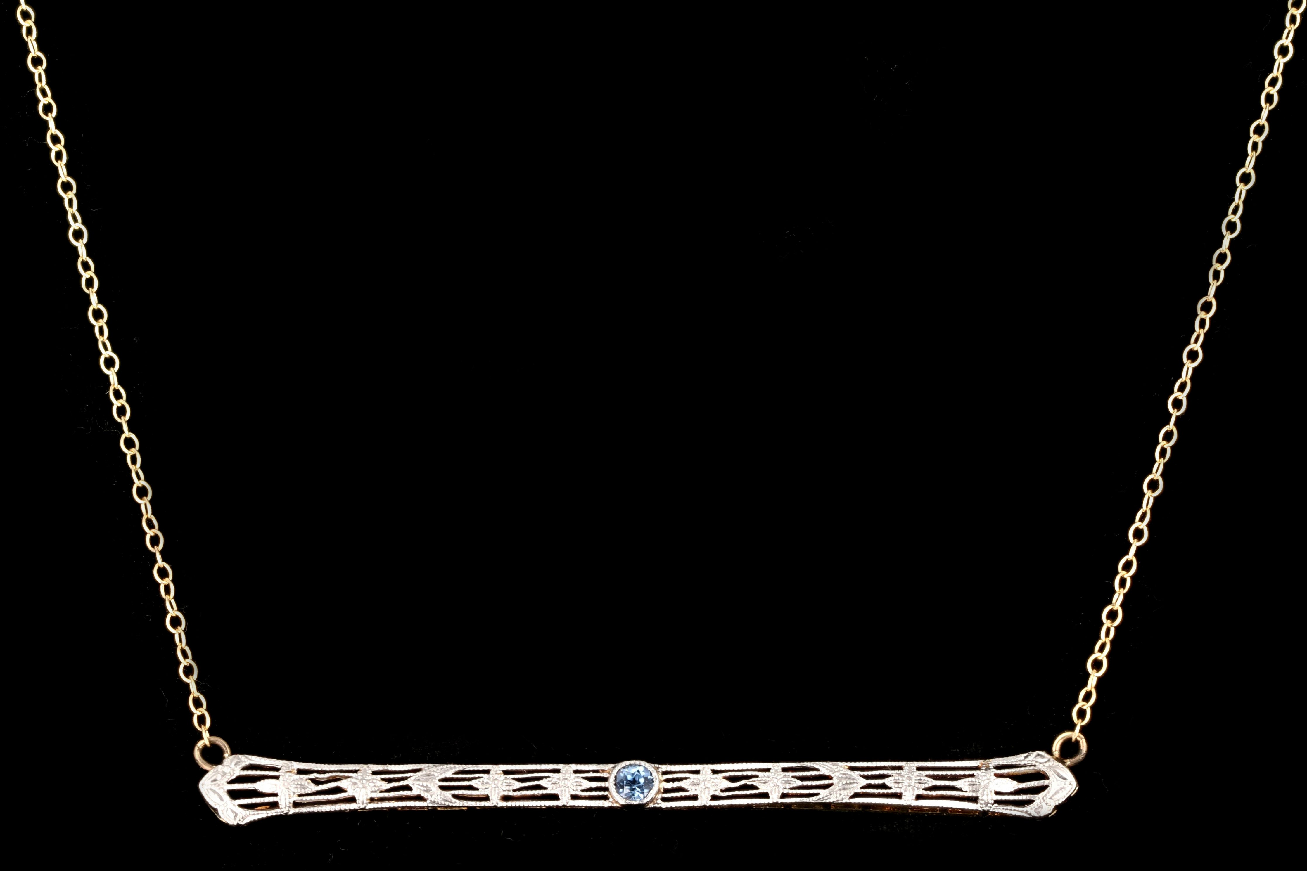 Art Deco 14K & Platinum Natural No Heat Natural Sapphire Bar Pin Conversion Necklace - Queen May