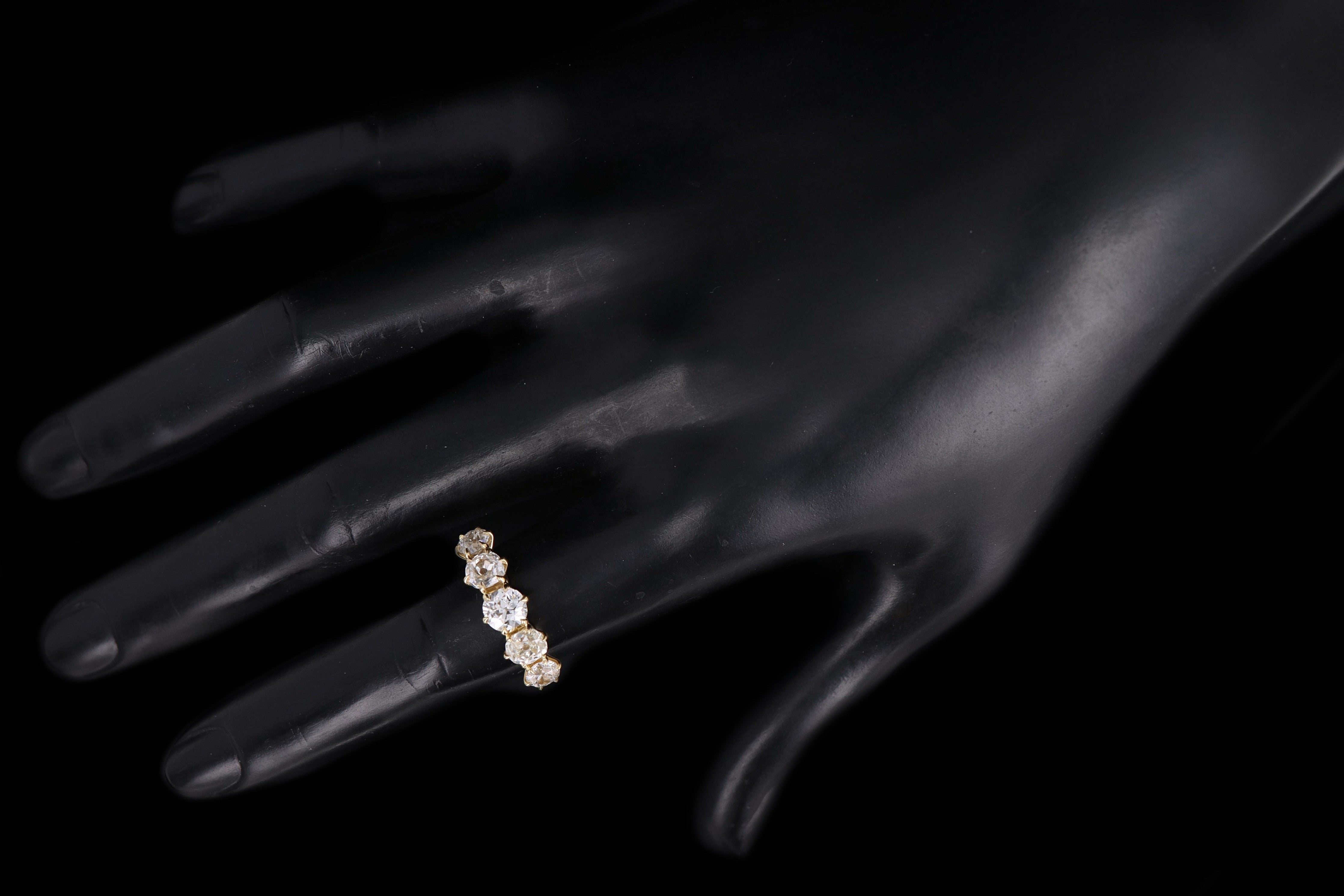 New Vintage Inspired 18K Yellow Gold 2.38 Carat Total Weight Old Mine Cut Diamond Five Stone Band - Queen May