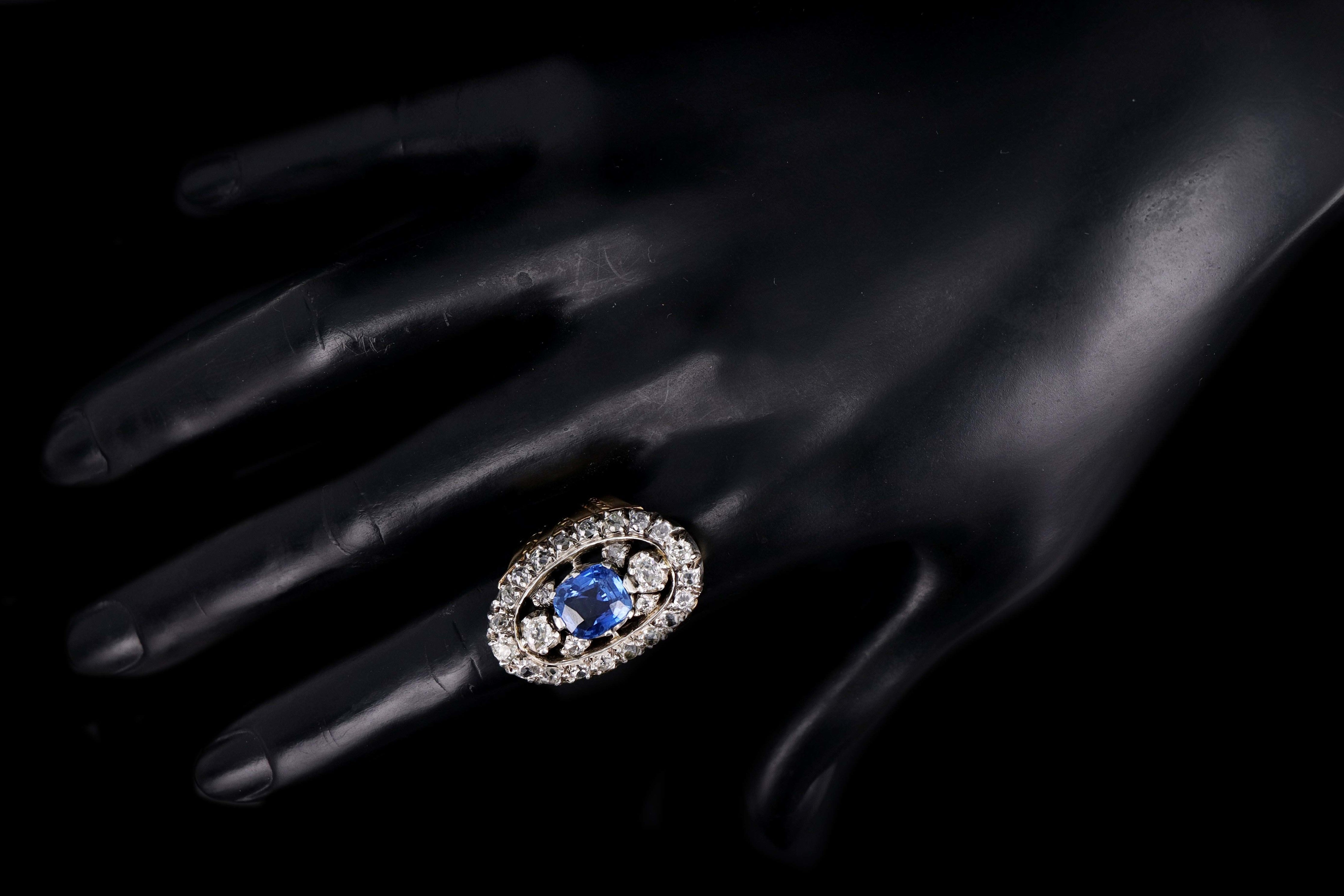 Victorian Sterling Silver & 22K Yellow Gold 3.13 Carat Natural No Heat Sapphire & Diamond Ring CGJ Certified - Queen May