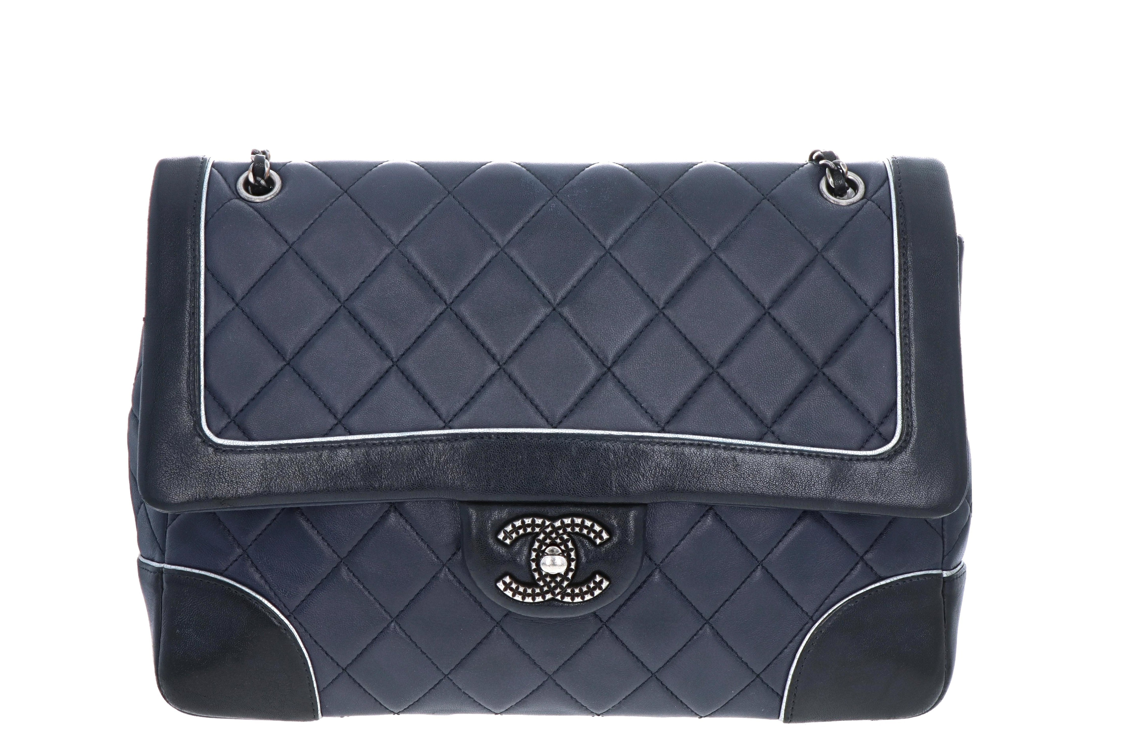 Chanel Cruise Collection Lambskin Two-Tone Black & Navy Single Flap Bag - Queen May