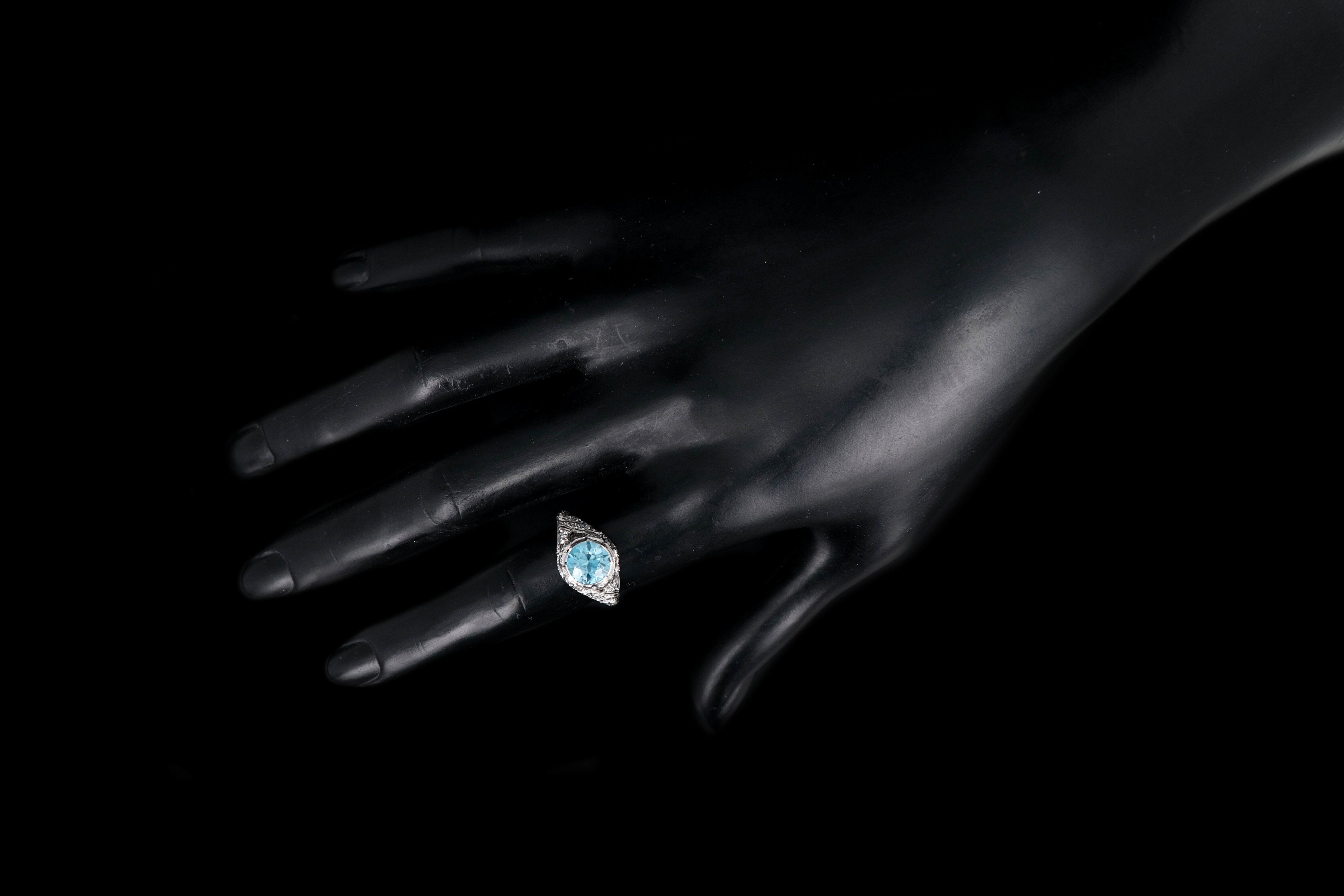 Art Deco Platinum 2.63 Carat Blue Zircon and Diamond Ring - Queen May