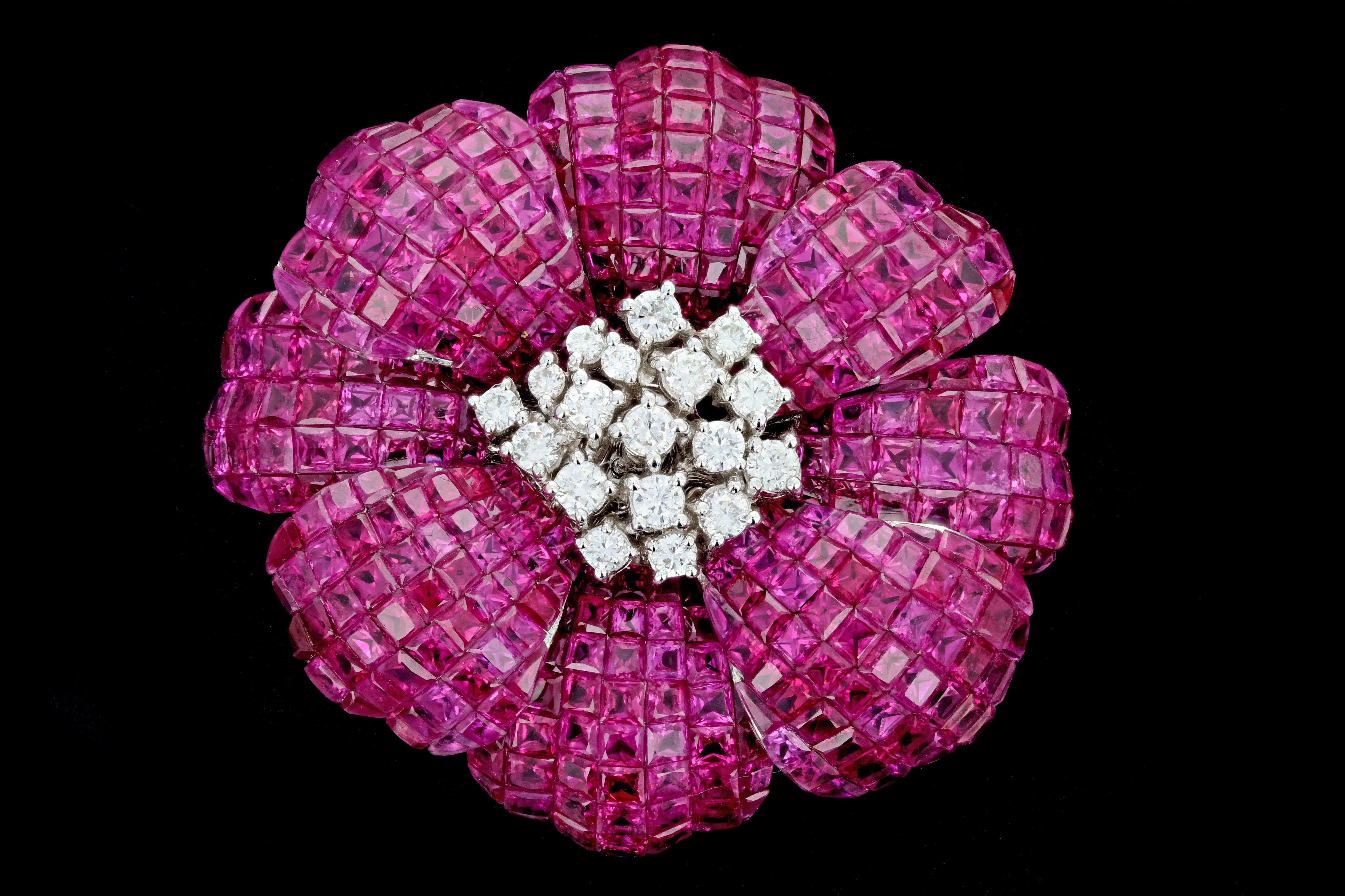 Retro 18K White Gold 25 Carat Ruby and 1 Carat Diamond Flower Brooch - Queen May