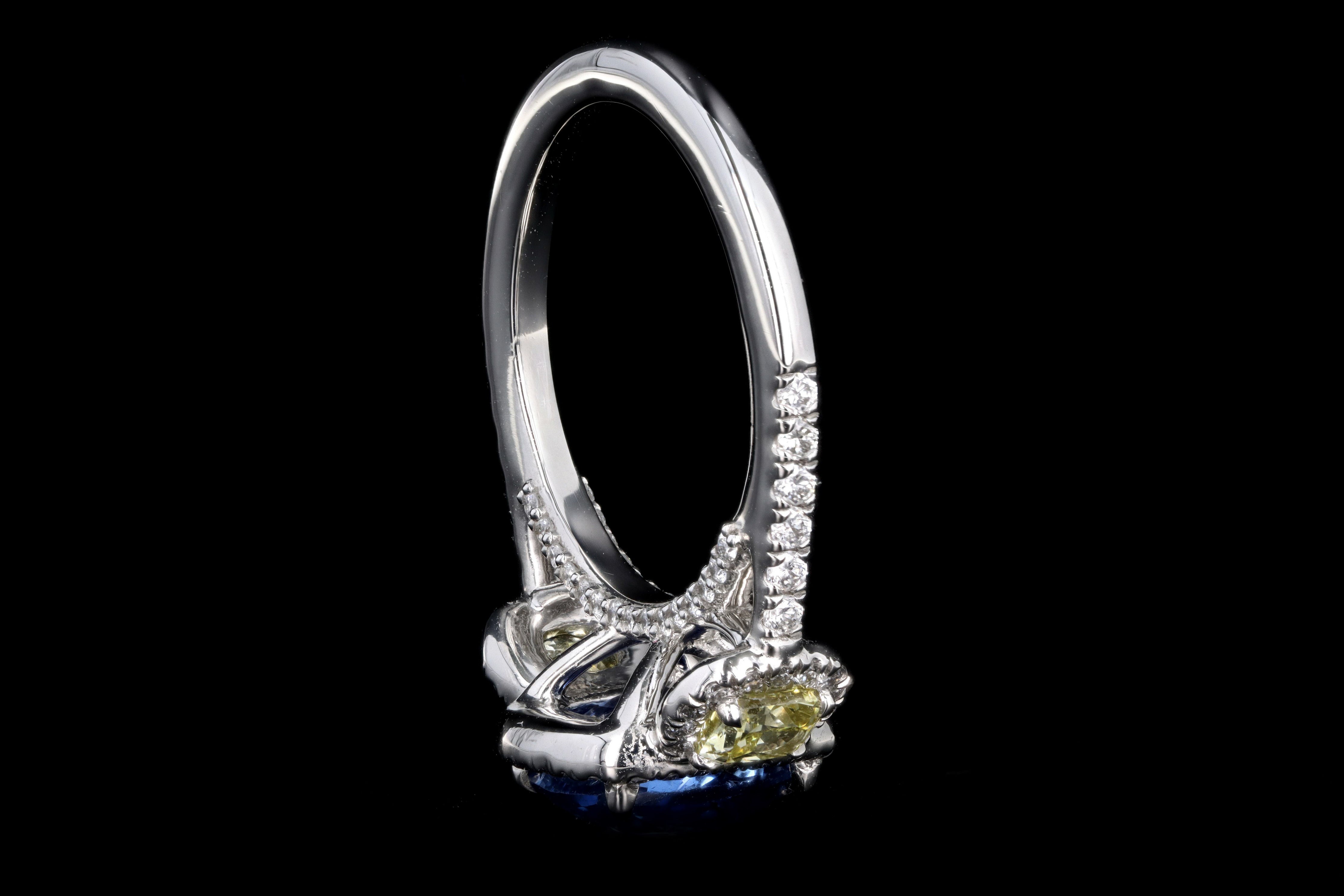 New Platinum 3.15 Carat Cushion Cut Natural No Heat Ceylon Sapphire & Yellow Diamond Ring - Queen May