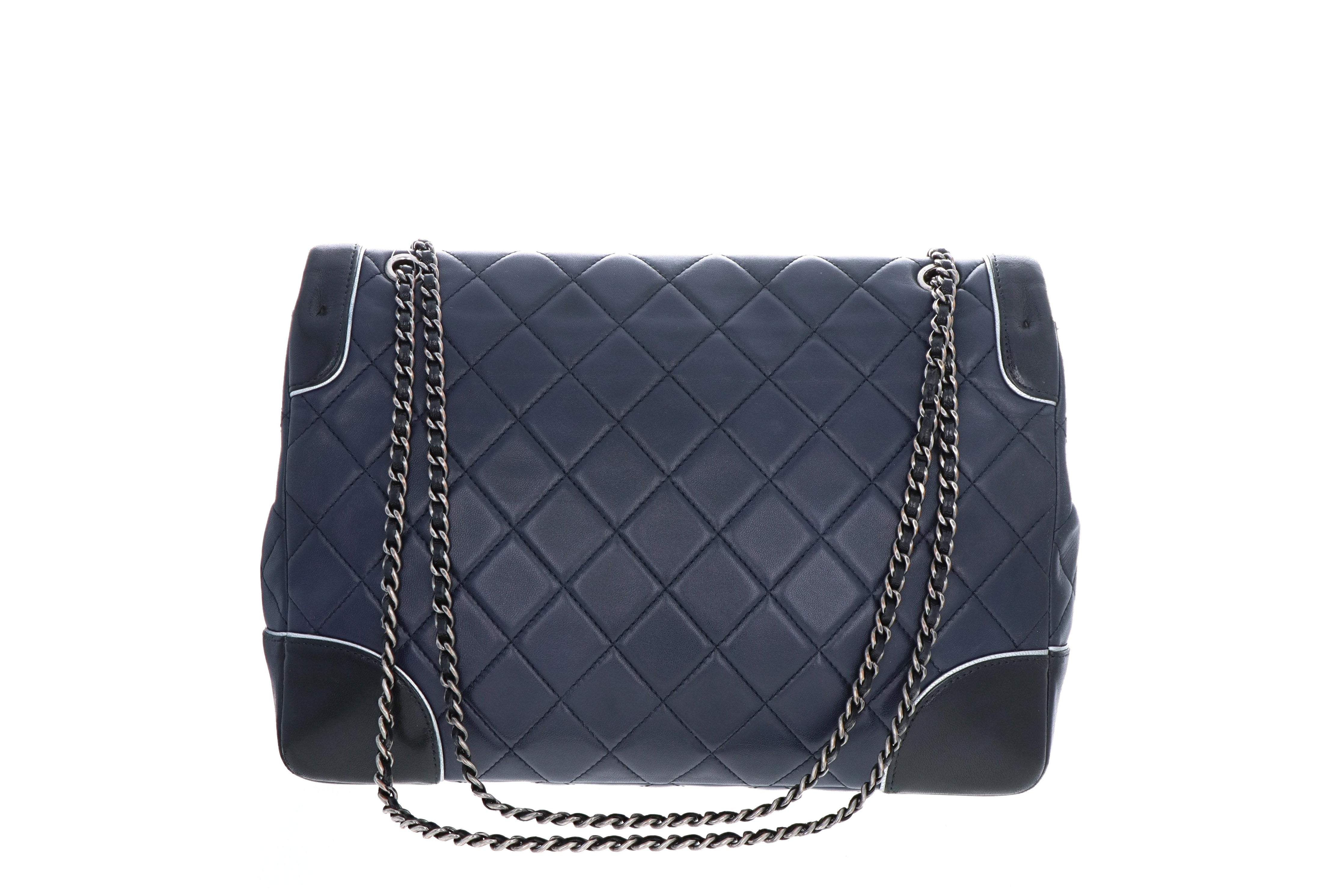 Chanel Cruise Collection Lambskin Two-Tone Black & Navy Single Flap Bag - Queen May
