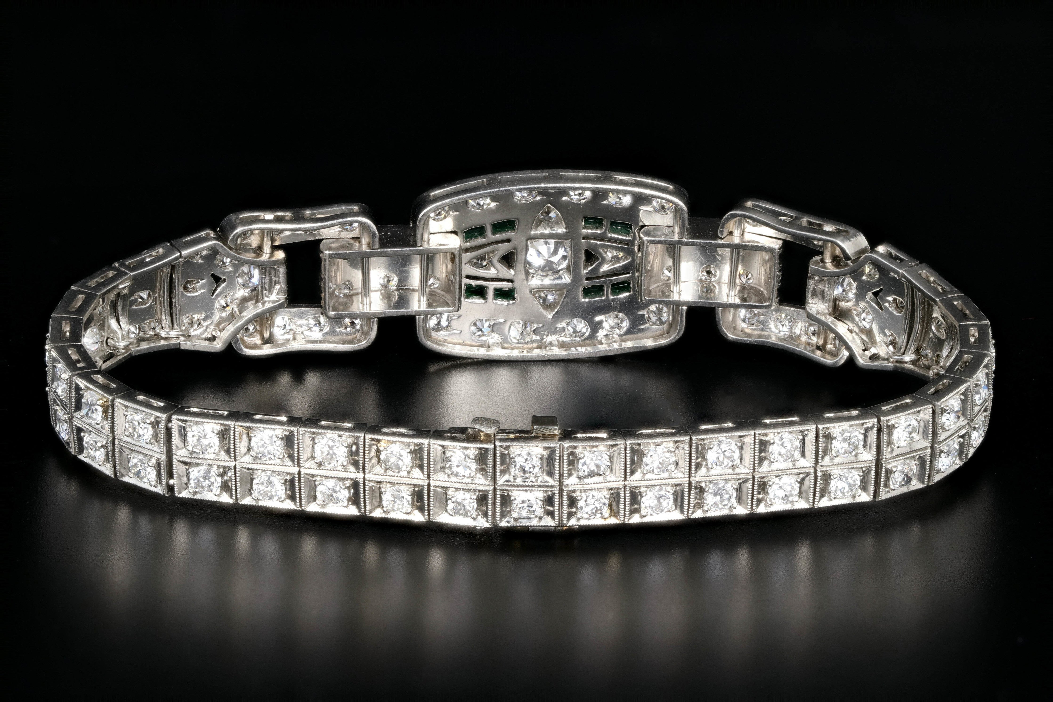 Art Deco Platinum 5 Carat Old European Cut Diamond & Emerald Bracelet - Queen May