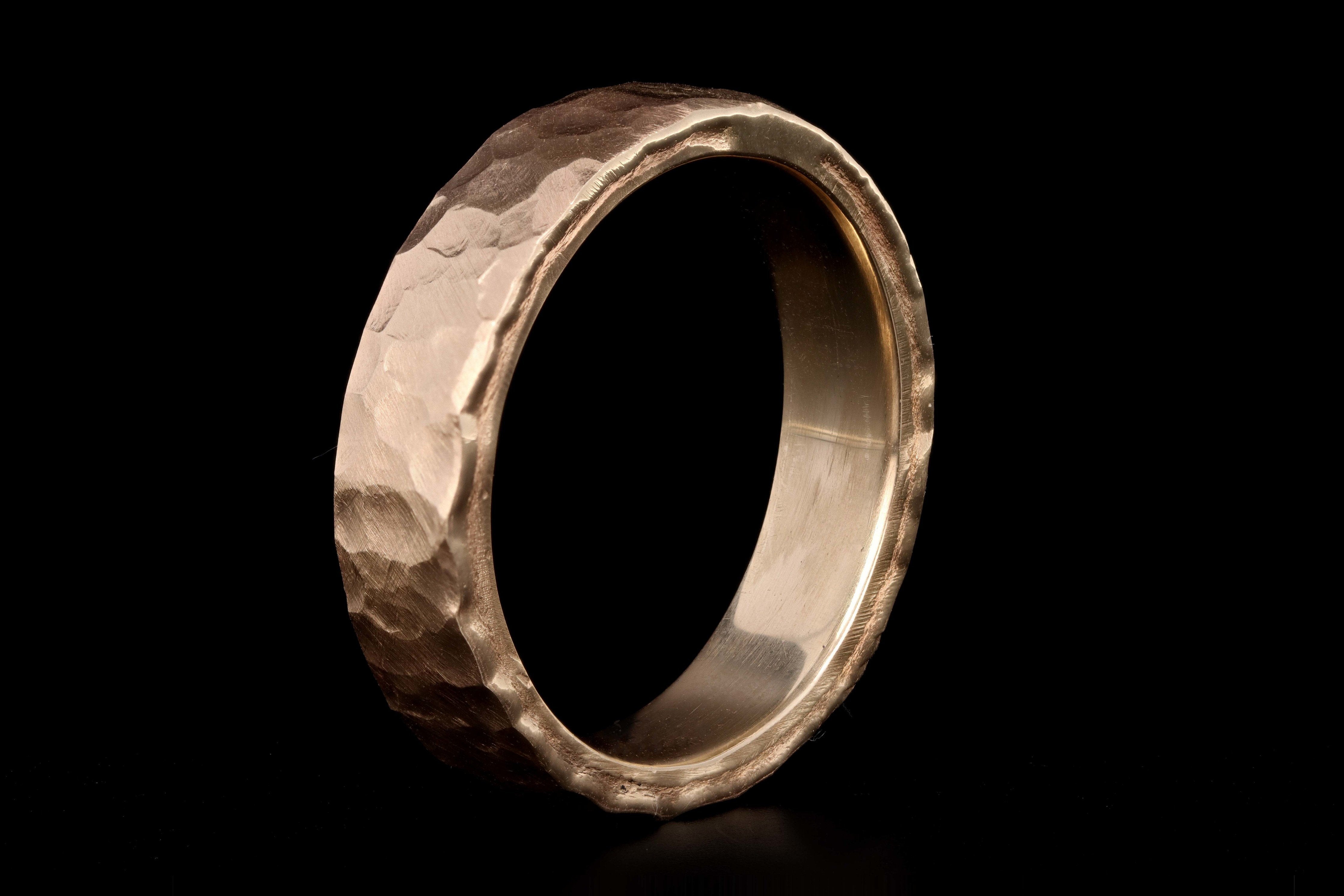 New Handmade Hammered 14K Yellow Gold Mens Wedding Band - Queen May