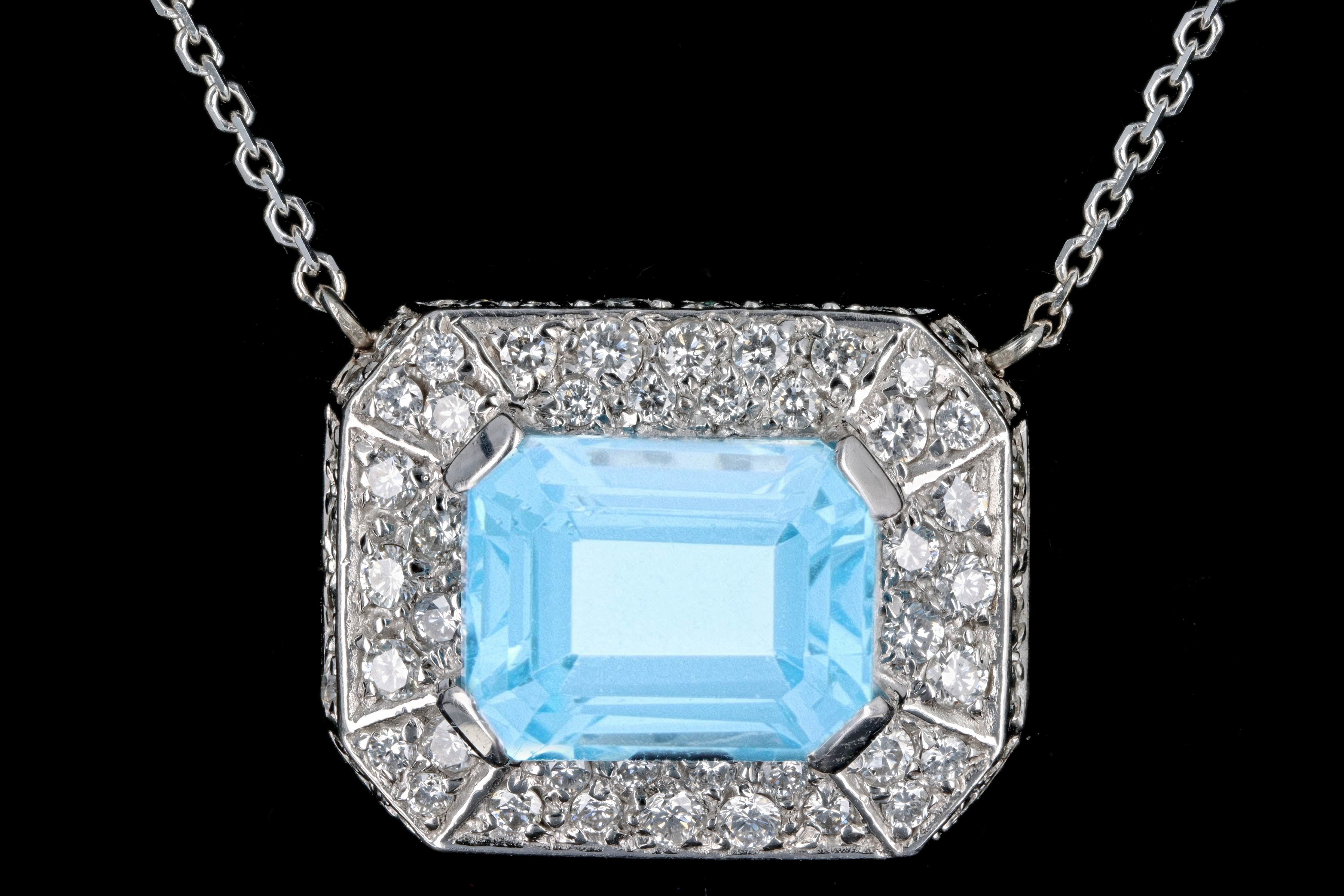 Modern Platinum & 14K White Gold 4.20 Carat Emerald Cut Blue Topaz & Diamond Necklace - Queen May