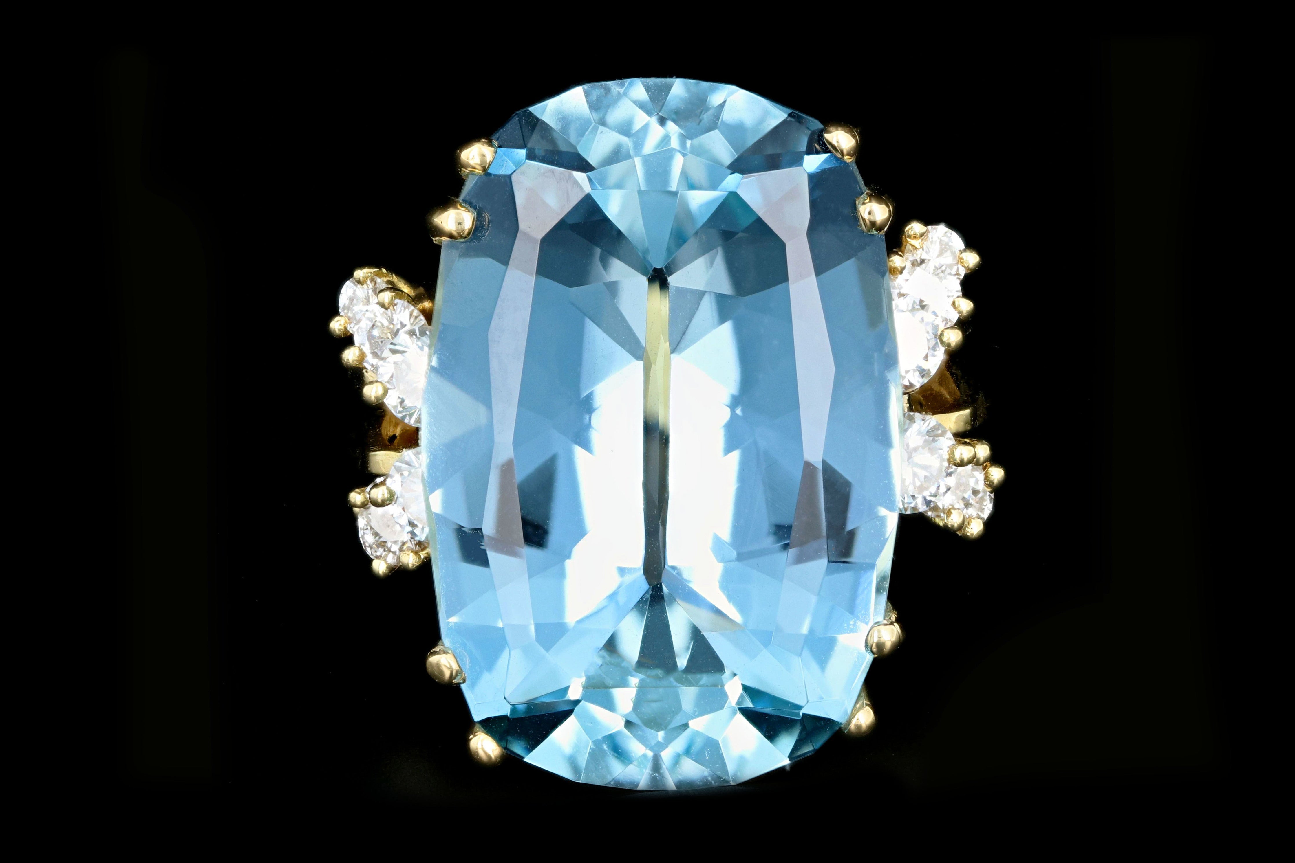 Signed Kurt Wayne 18K Yellow Gold 21 Carat Aquamarine and Diamond Ring Cocktail Ring - Queen May