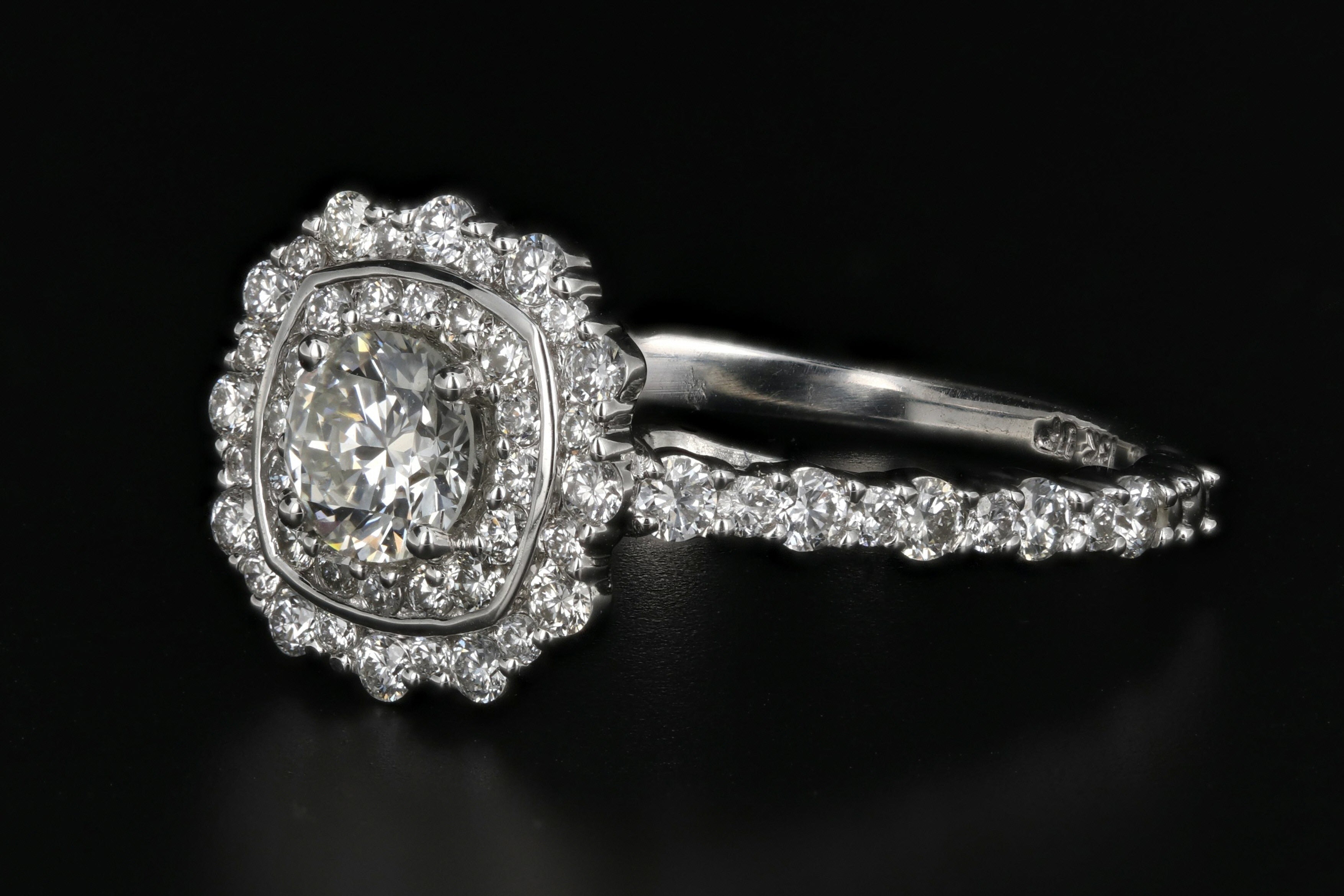 Modern 18K White Gold .50 Carat Diamond Halo Engagement Ring - Queen May
