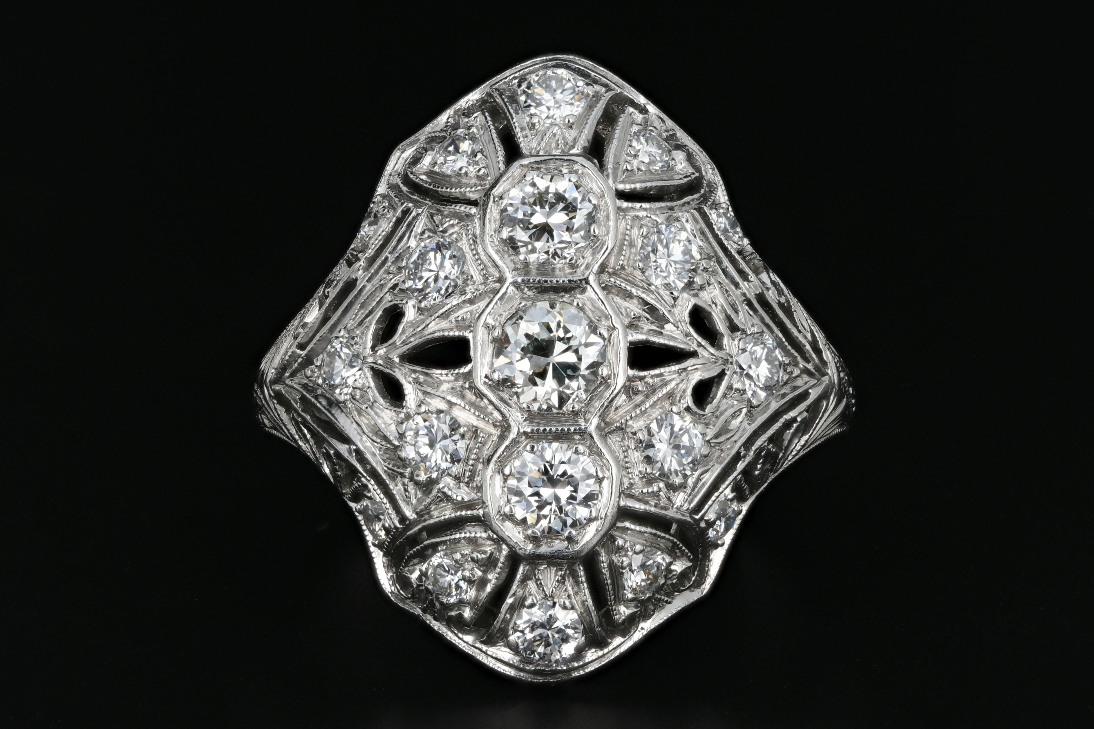 Art Deco Platinum .60 Carat Diamond Weight Total Shield Ring - Queen May
