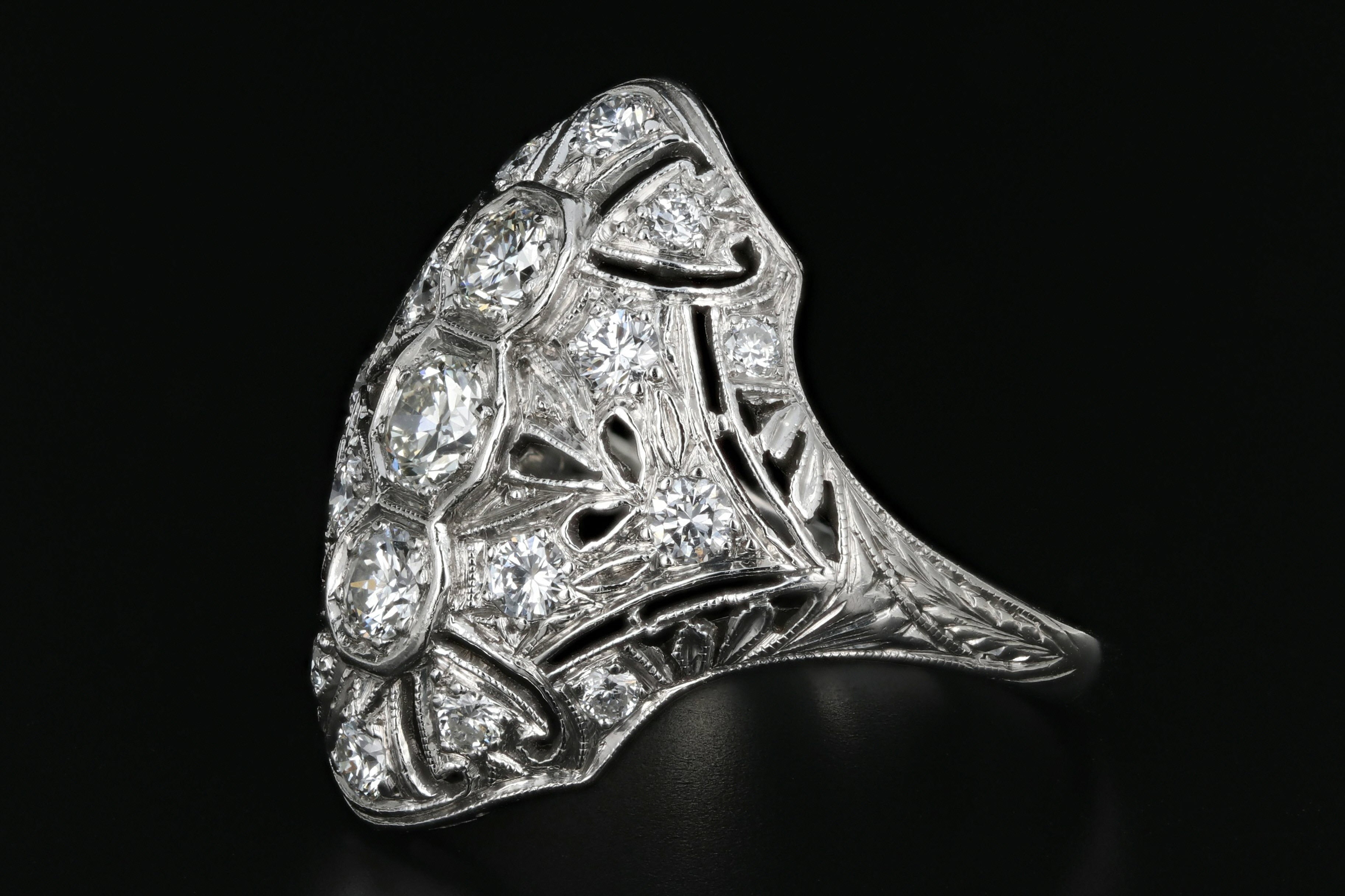 Art Deco Platinum .60 Carat Diamond Weight Total Shield Ring - Queen May